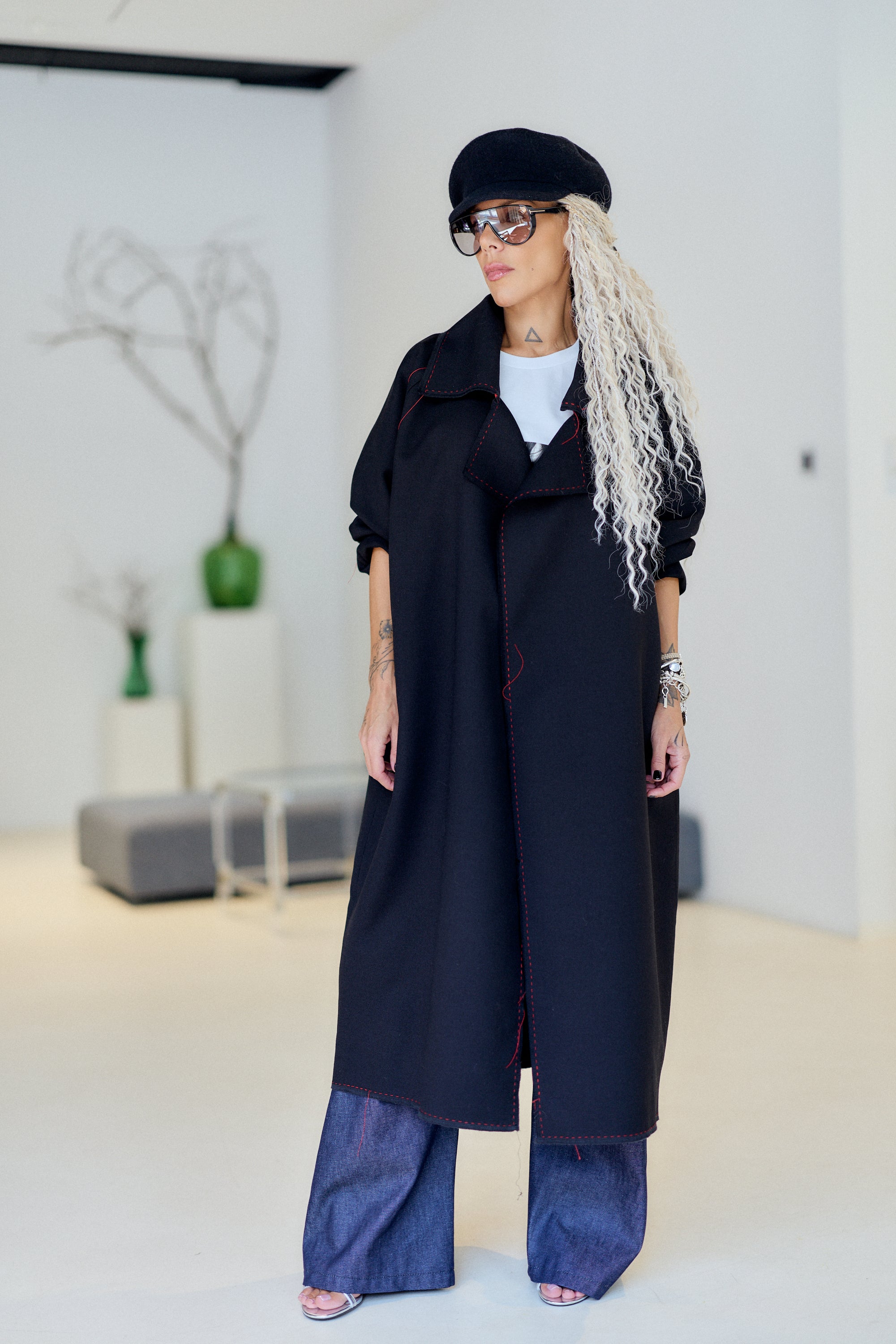 Black Wool Oversized Long Coat with Red Contrast Stitching