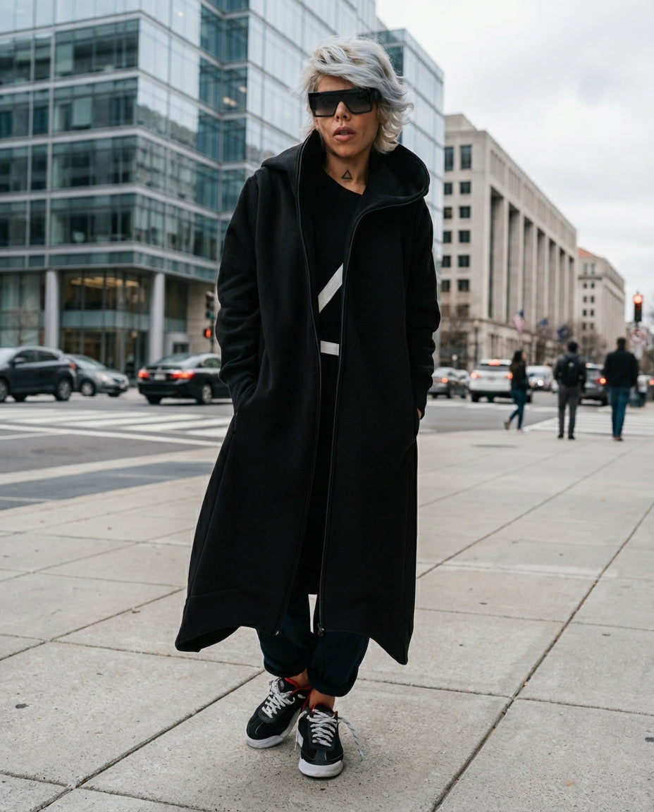 Black Warm Oversized Hoodie Sweatshirt  with Long Sleeves and Front Zipper