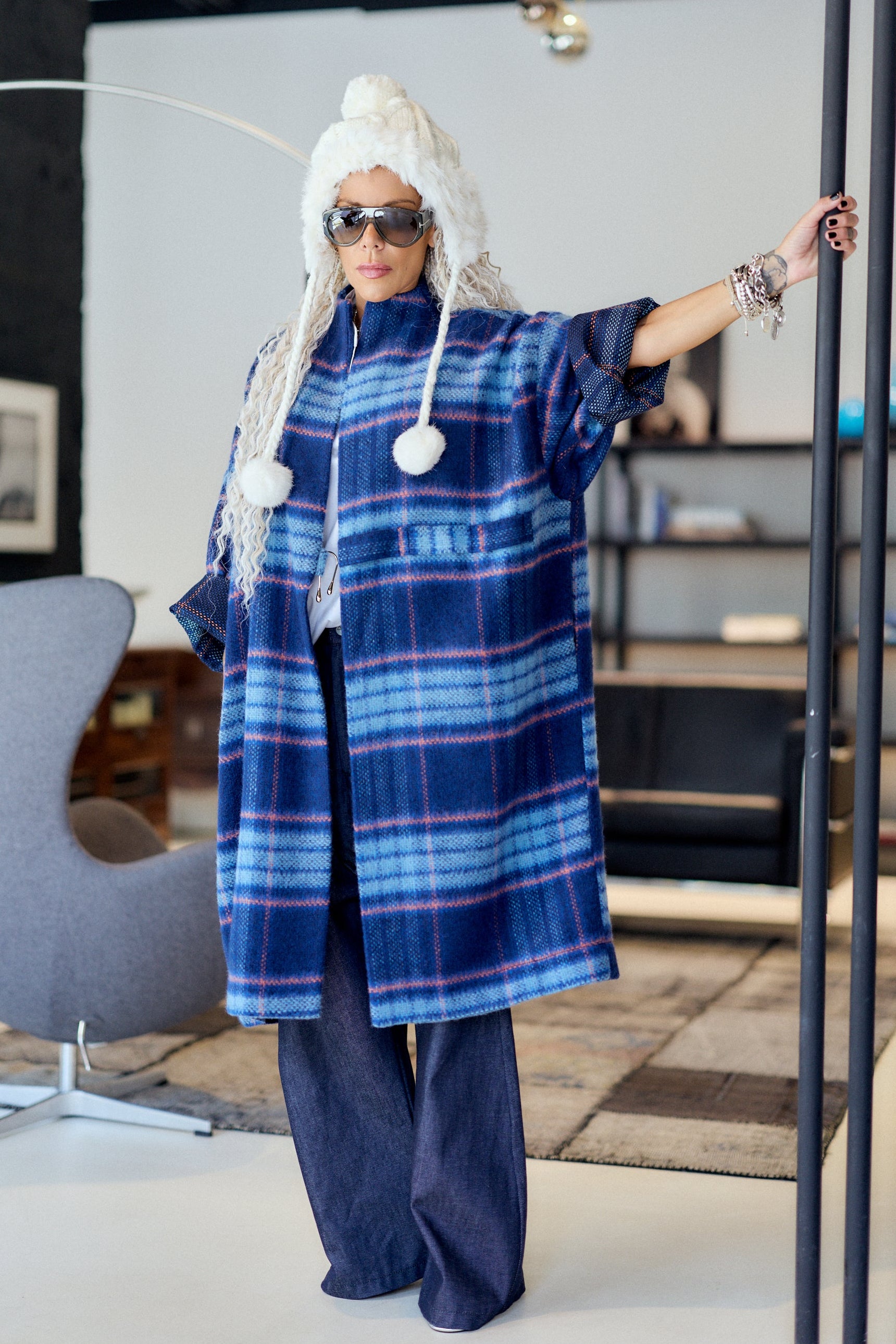 Blue Plaid Oversized Longline Cardigan
