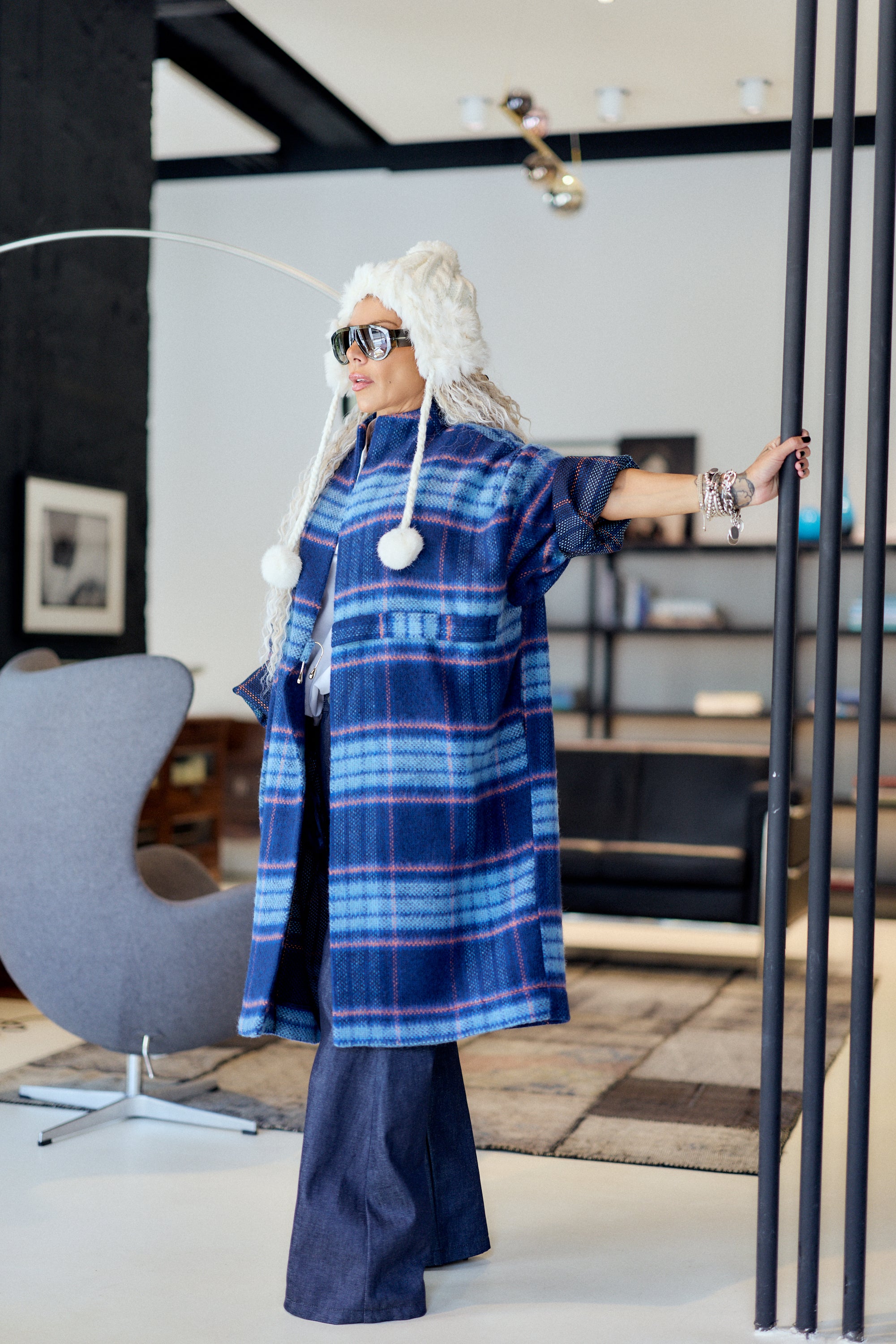 Blue Plaid Oversized Longline Cardigan