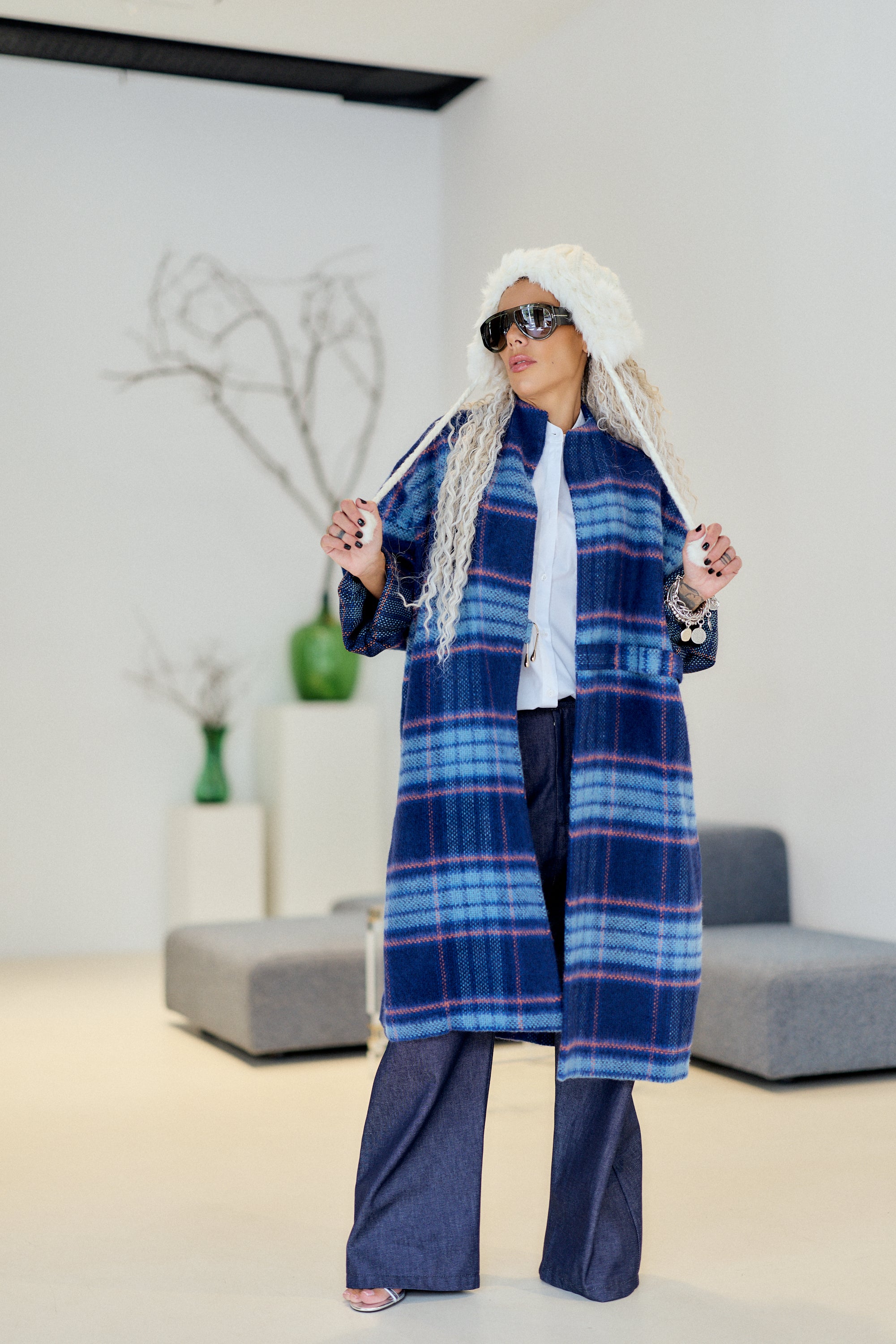 Blue Plaid Oversized Longline Cardigan