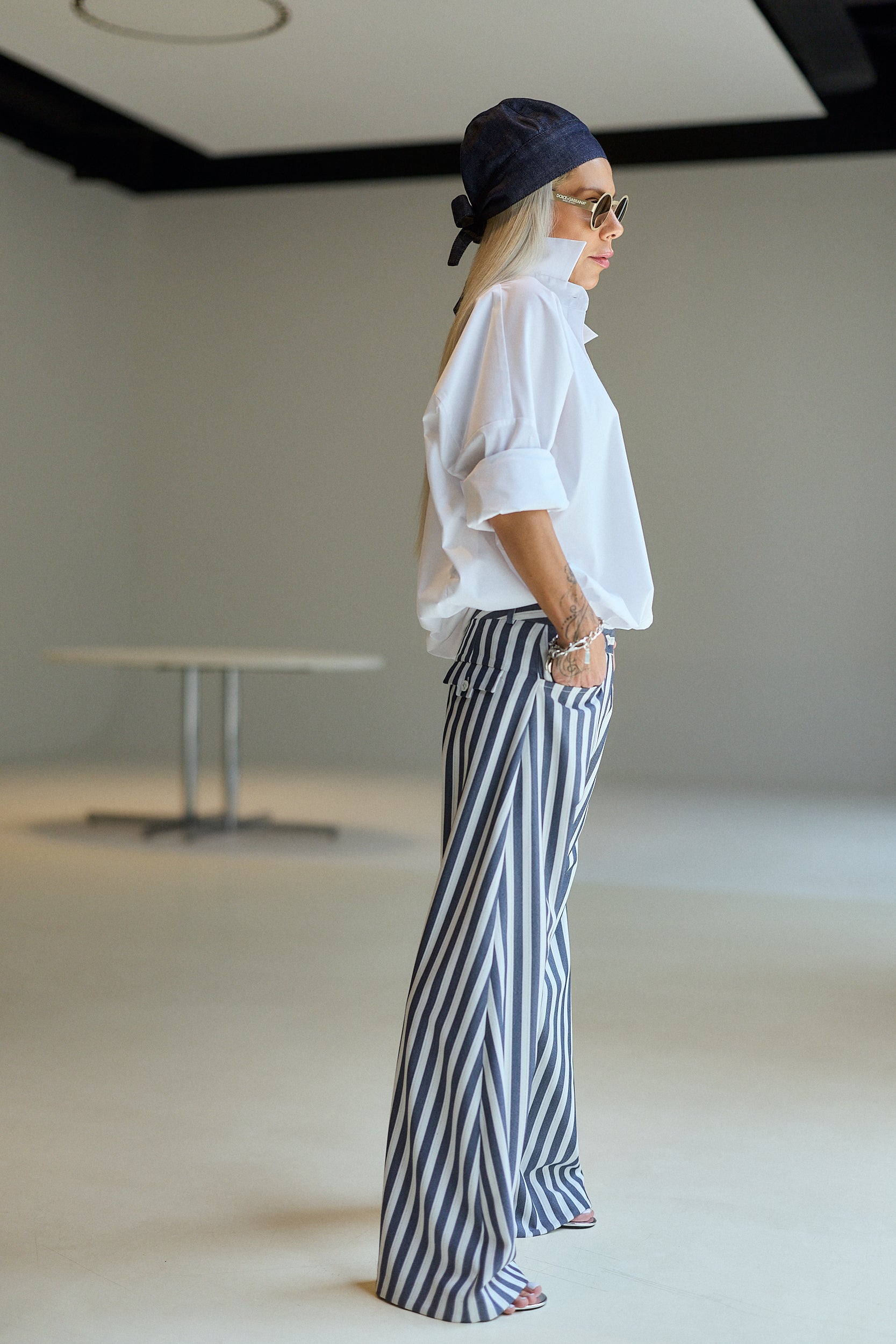 Blue & White Striped Wide-Leg Pants