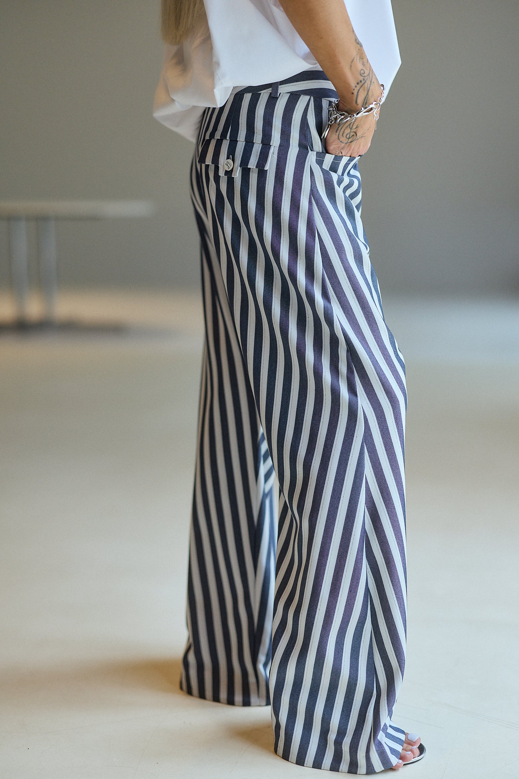 Blue & White Striped Wide-Leg Pants