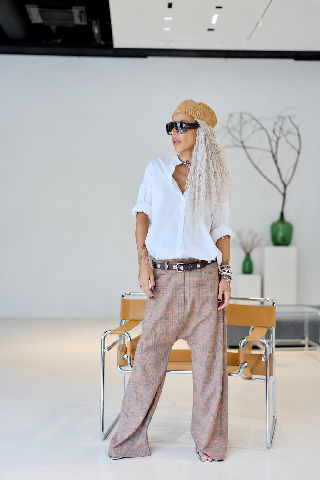 Brown & Pink Plaid Wide-Leg Drop-Crotch Pants