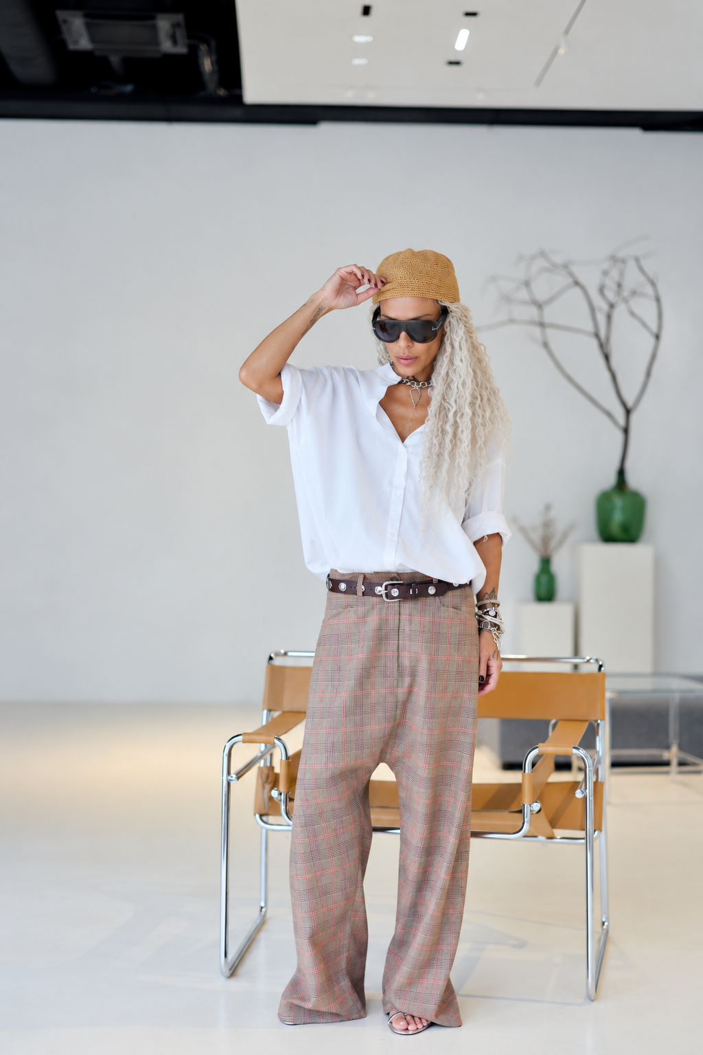 Brown & Pink Plaid Wide-Leg Drop-Crotch Pants