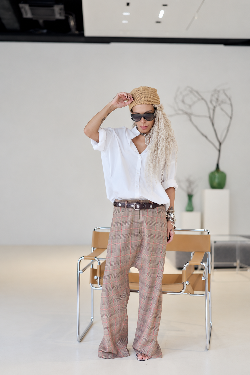Brown & Pink Plaid Wide-Leg Drop-Crotch Pants