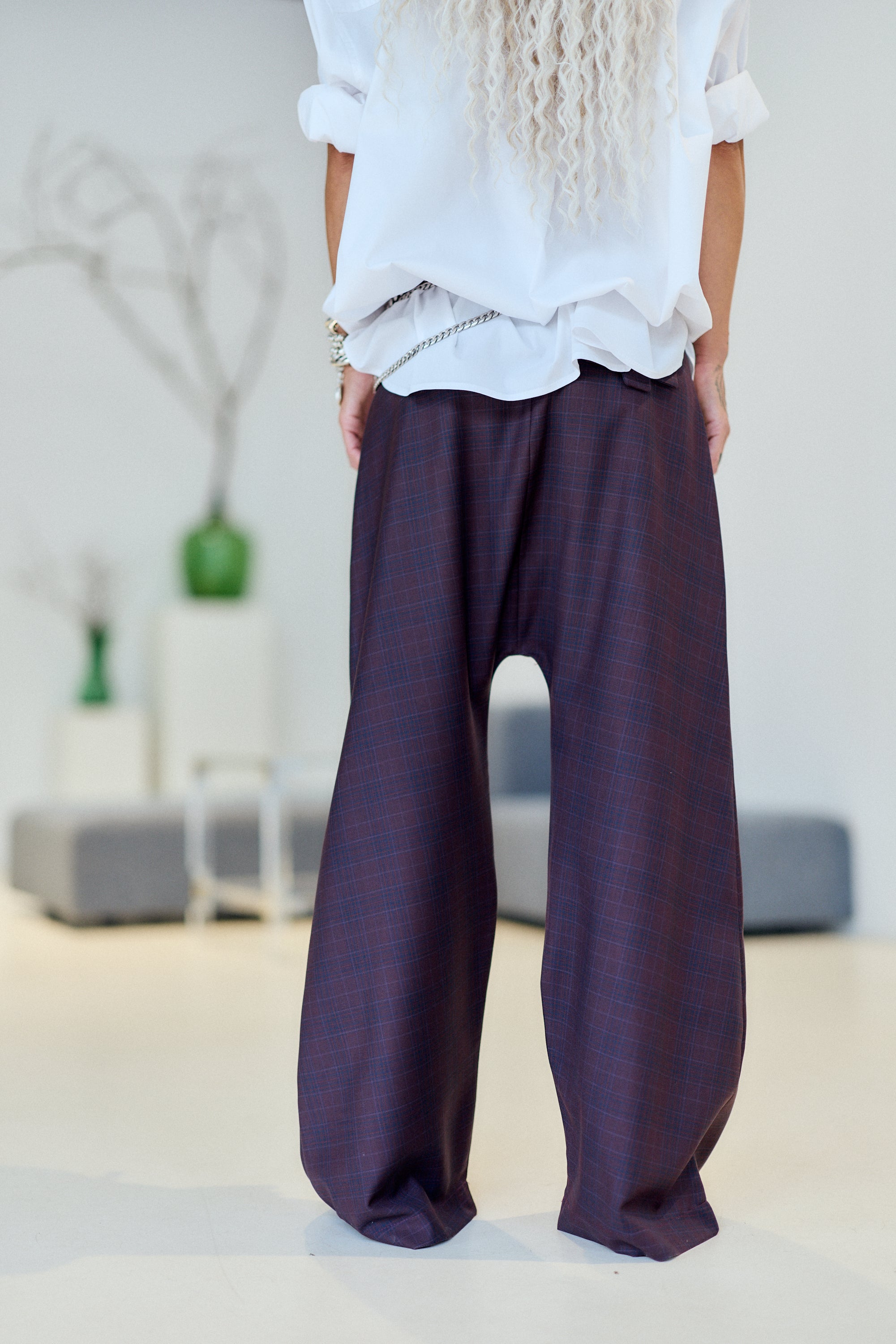 Burgundy Plaid Wide-Leg Drop-Crotch Pants