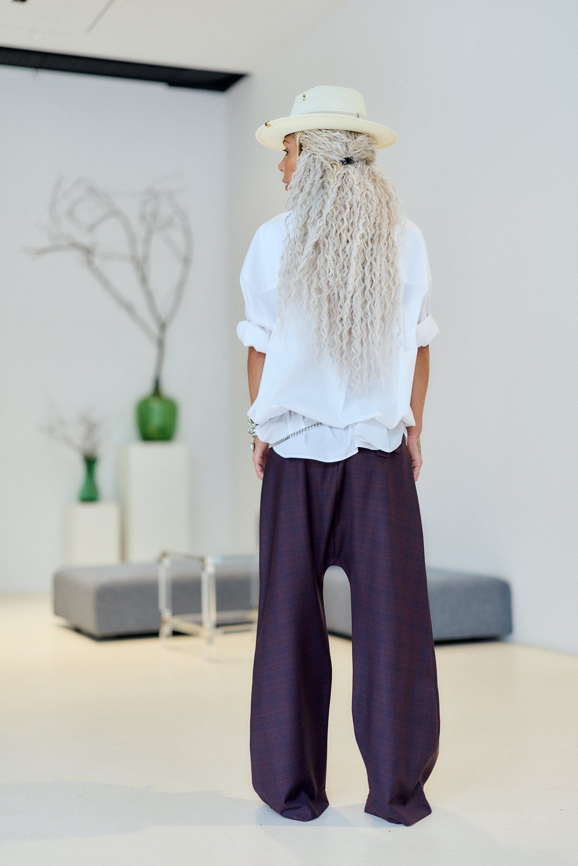Burgundy Plaid Wide-Leg Drop-Crotch Pants