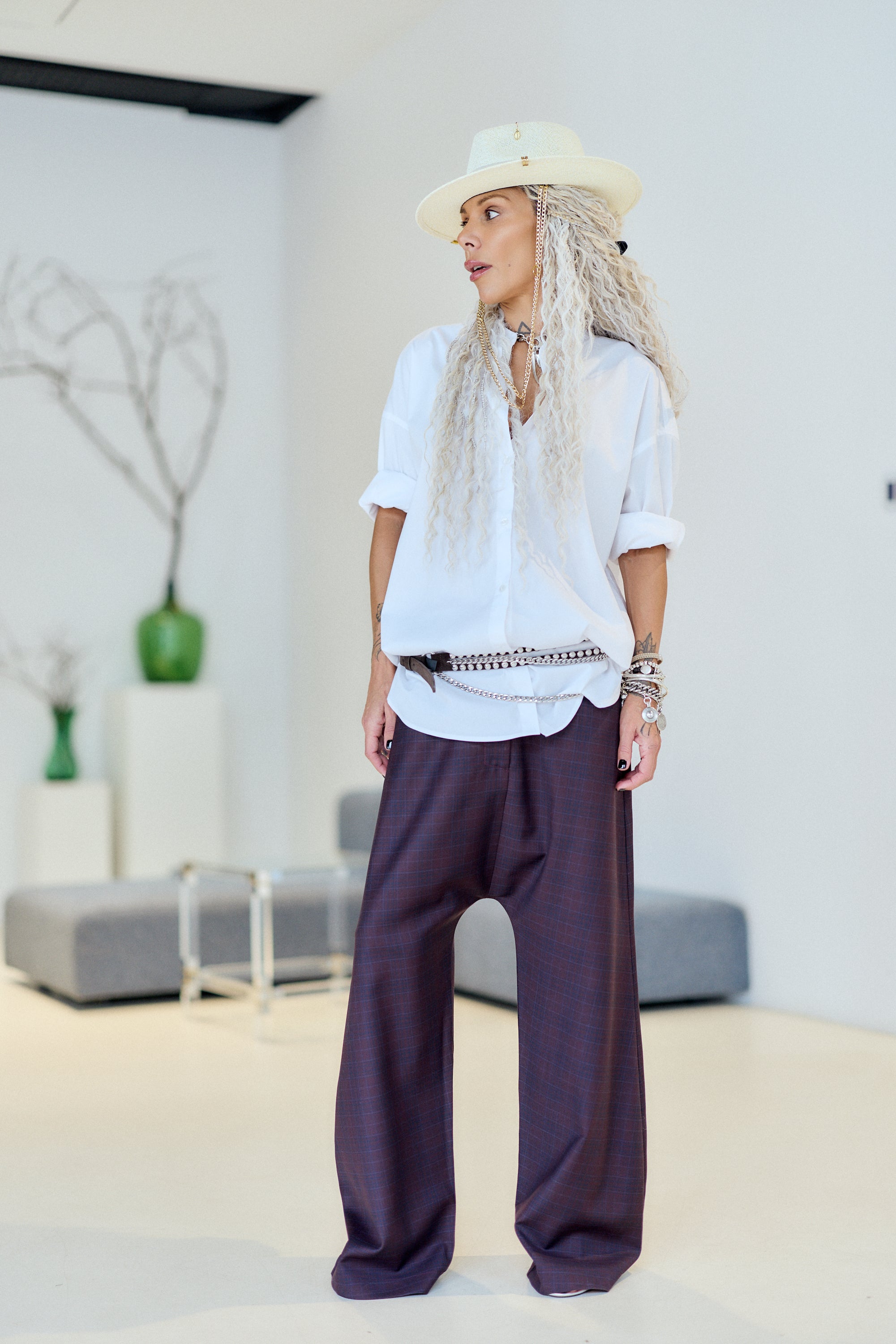Burgundy Plaid Wide-Leg Drop-Crotch Pants