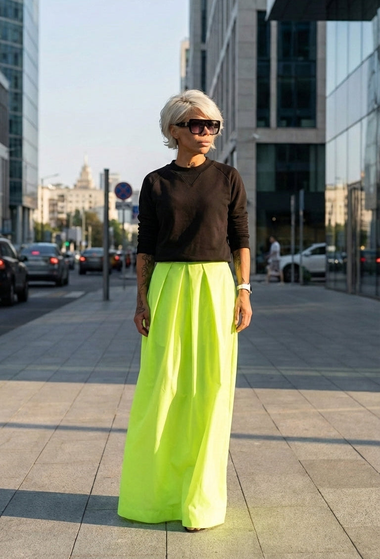 High-Waisted Neon Green Maxi Skirt with Elastic Waistband