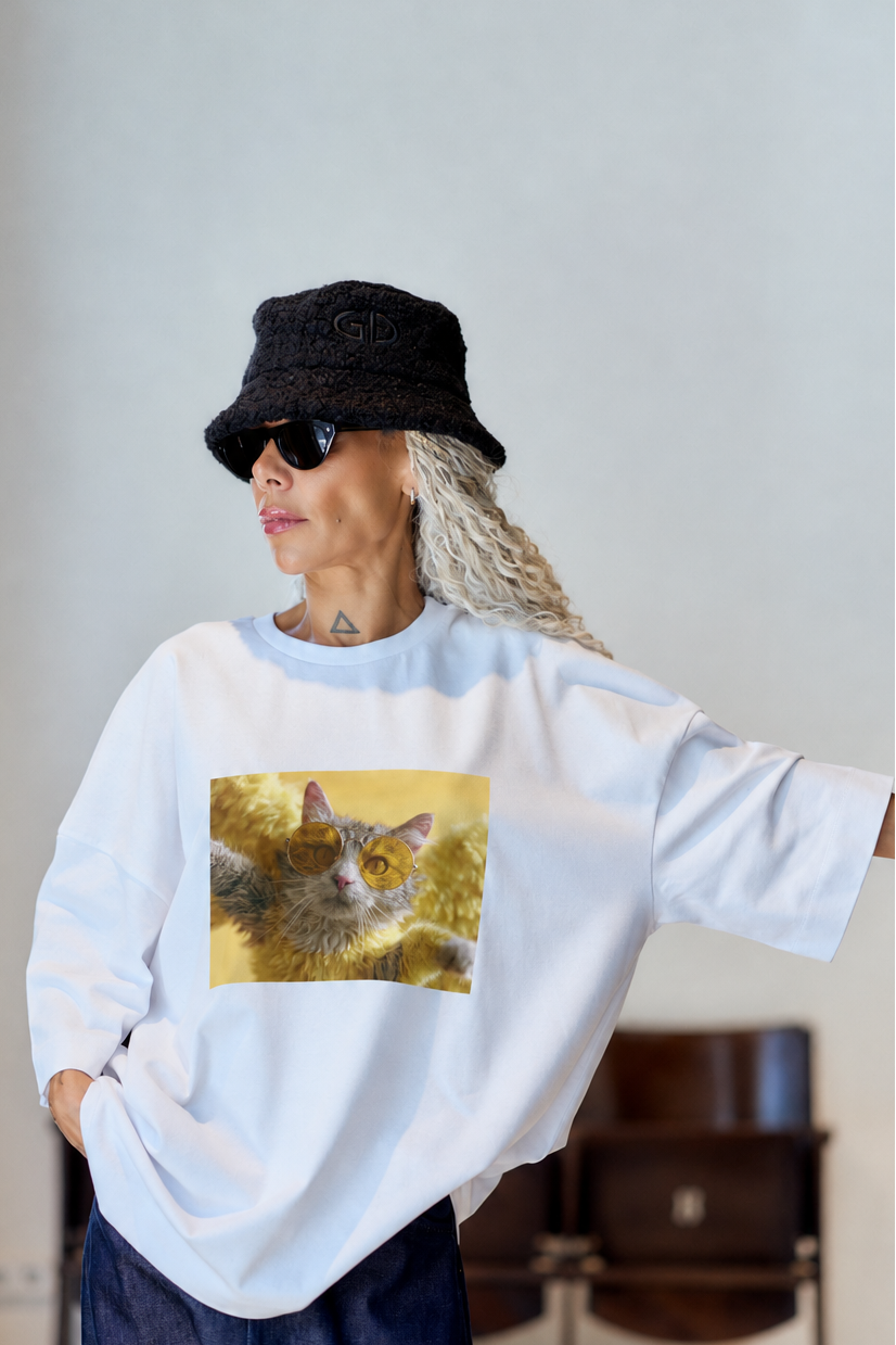 Lucky Cat White Oversized Fit T-Shirt