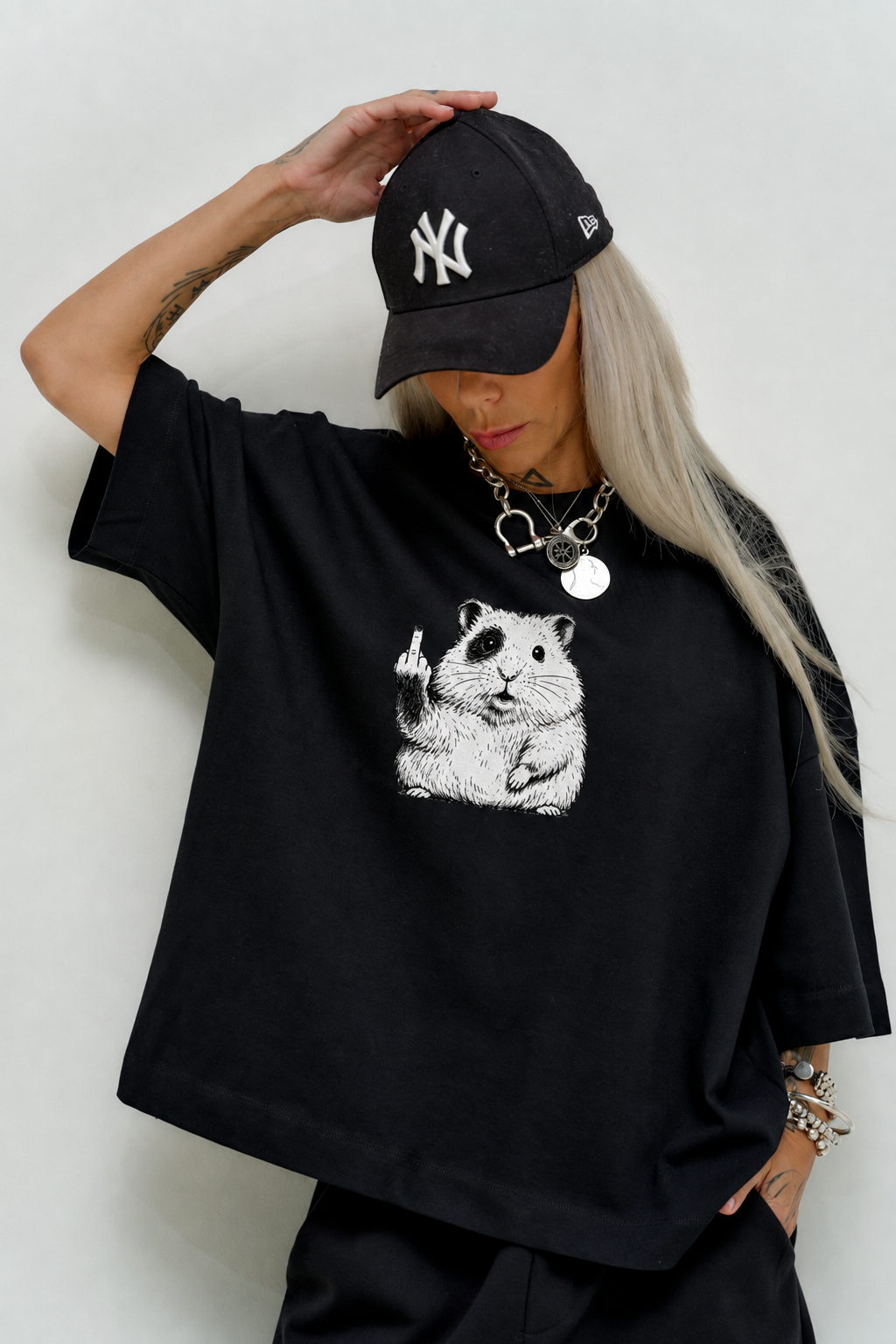Happy Hamster Black Oversized Fit T-Shirt