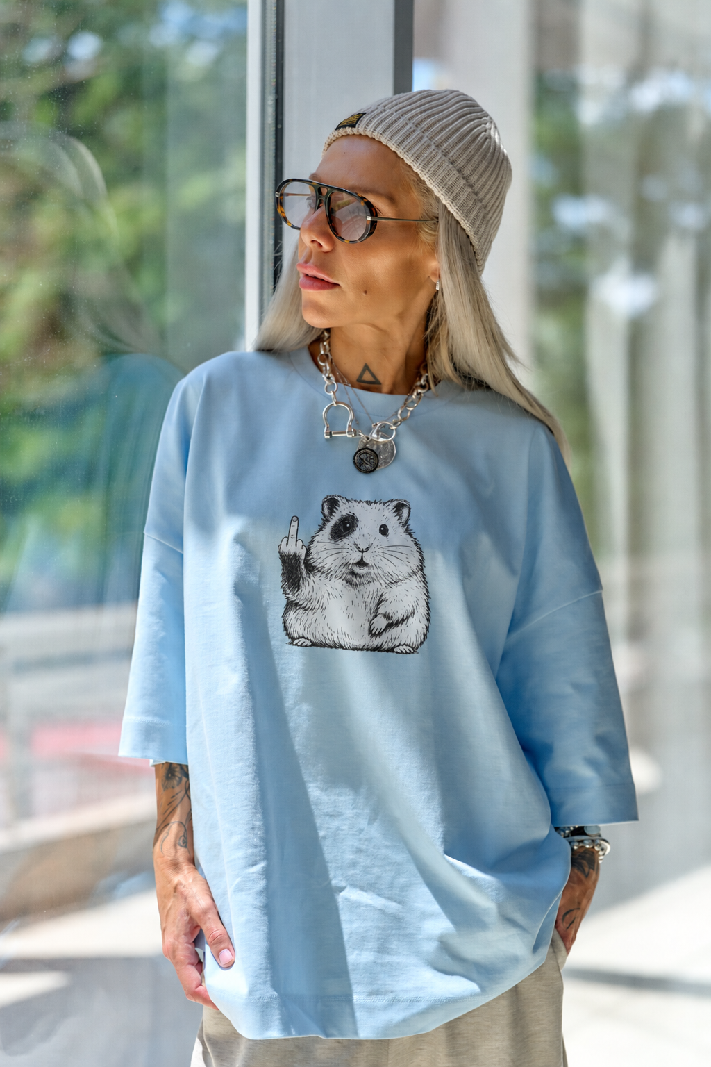 Happy Hamster Blue Oversized Fit T-Shirt