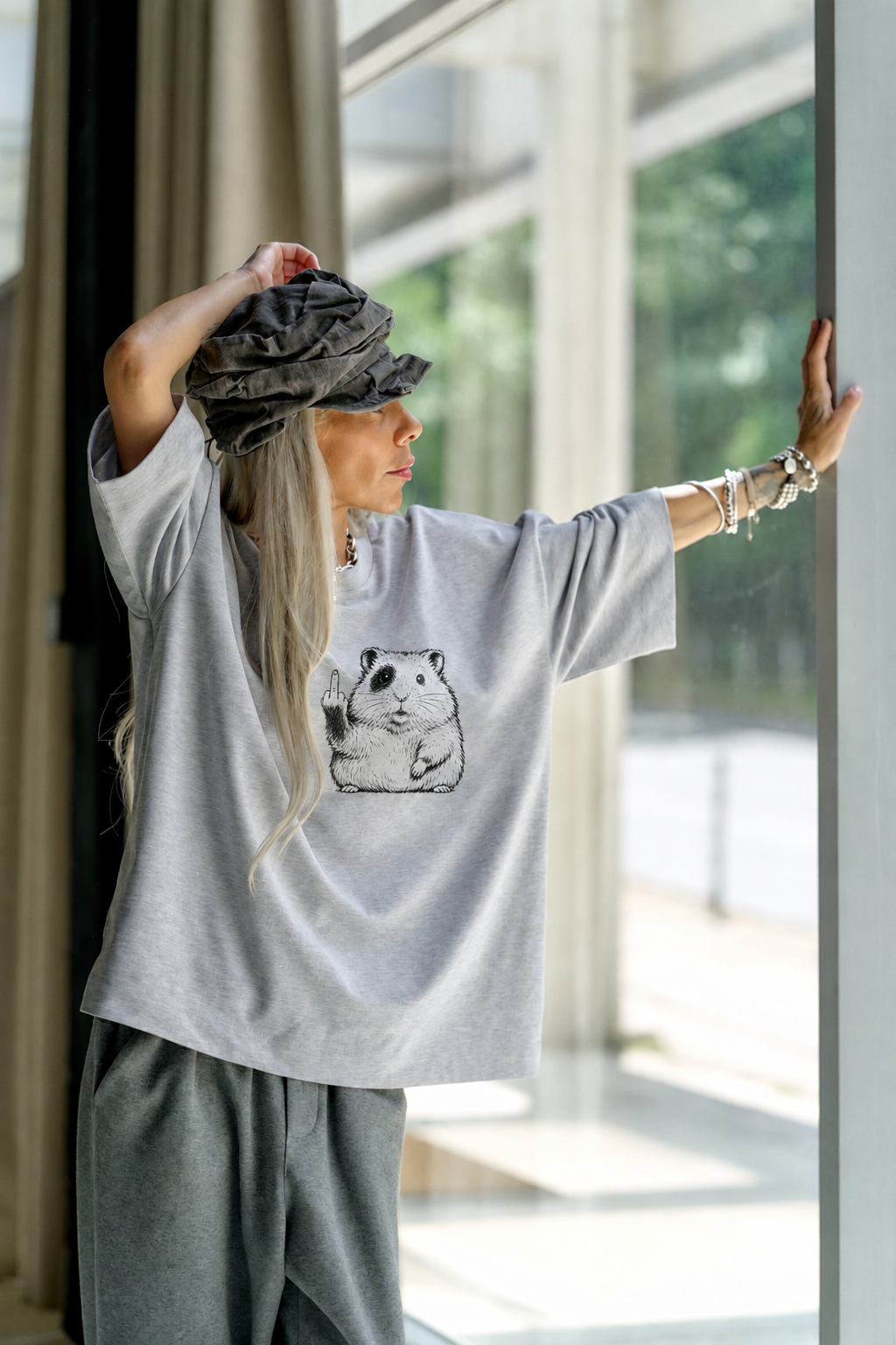 Happy Hamster Grey Oversized Fit T-Shirt