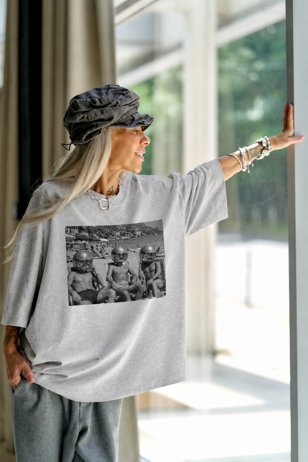 Beach Scene Grey Oversized Fit T-Shirt