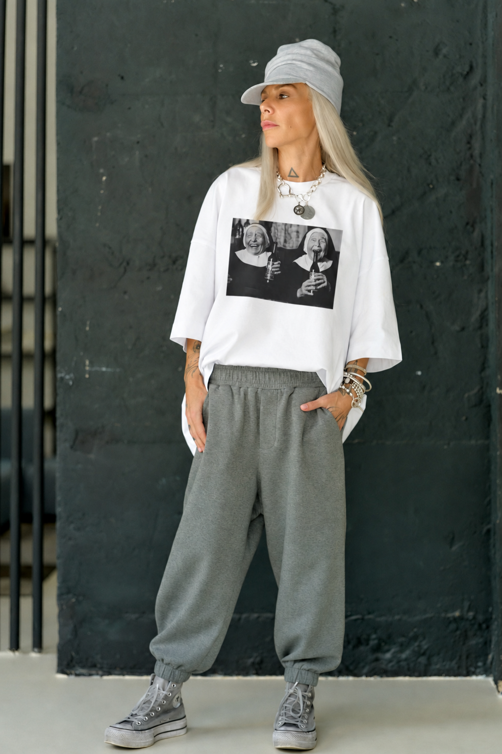 White Oversized Graphic T-Shirt – "Sisters of the Night"