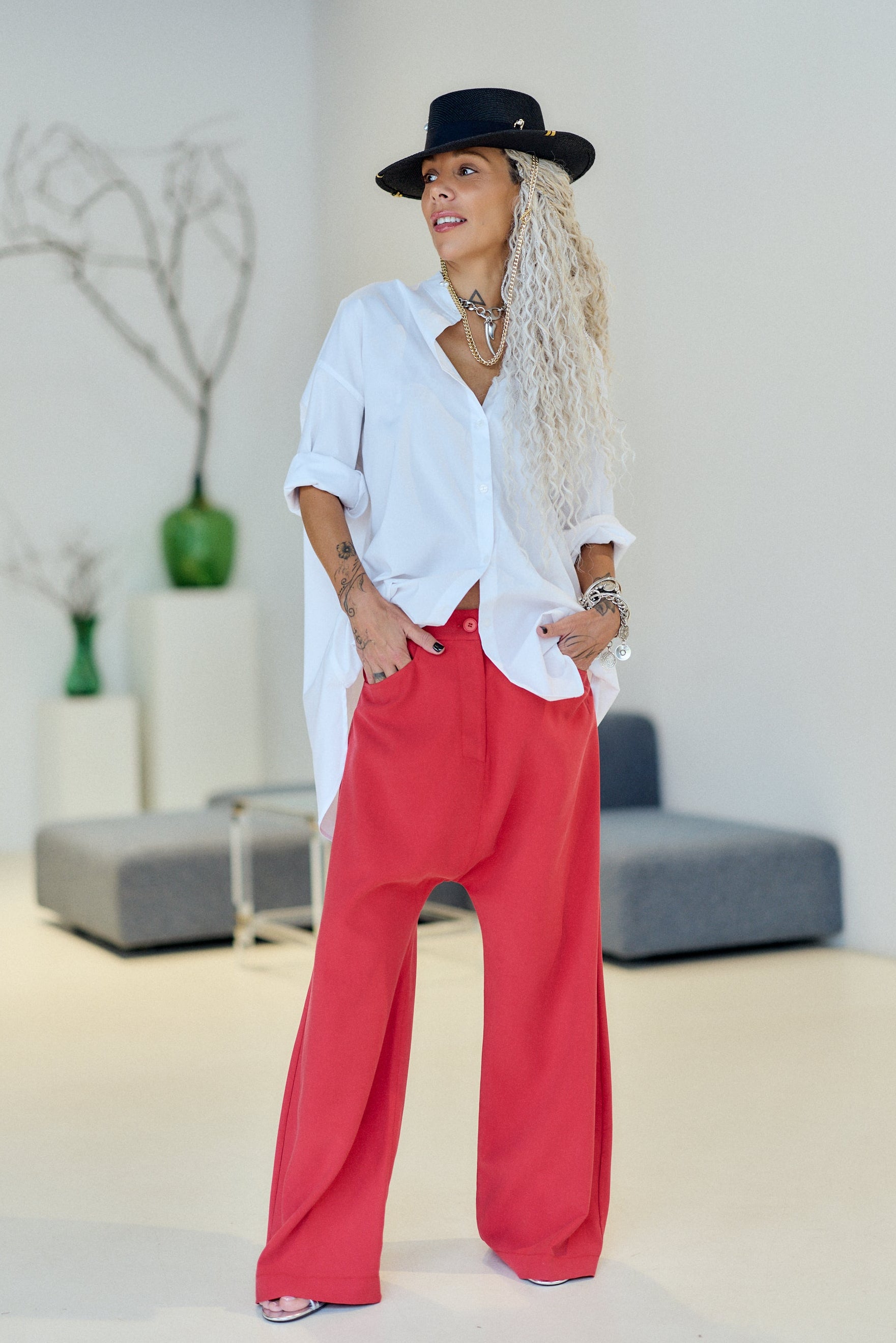 Coral Pink Wide-Leg Drop-Crotch Pants