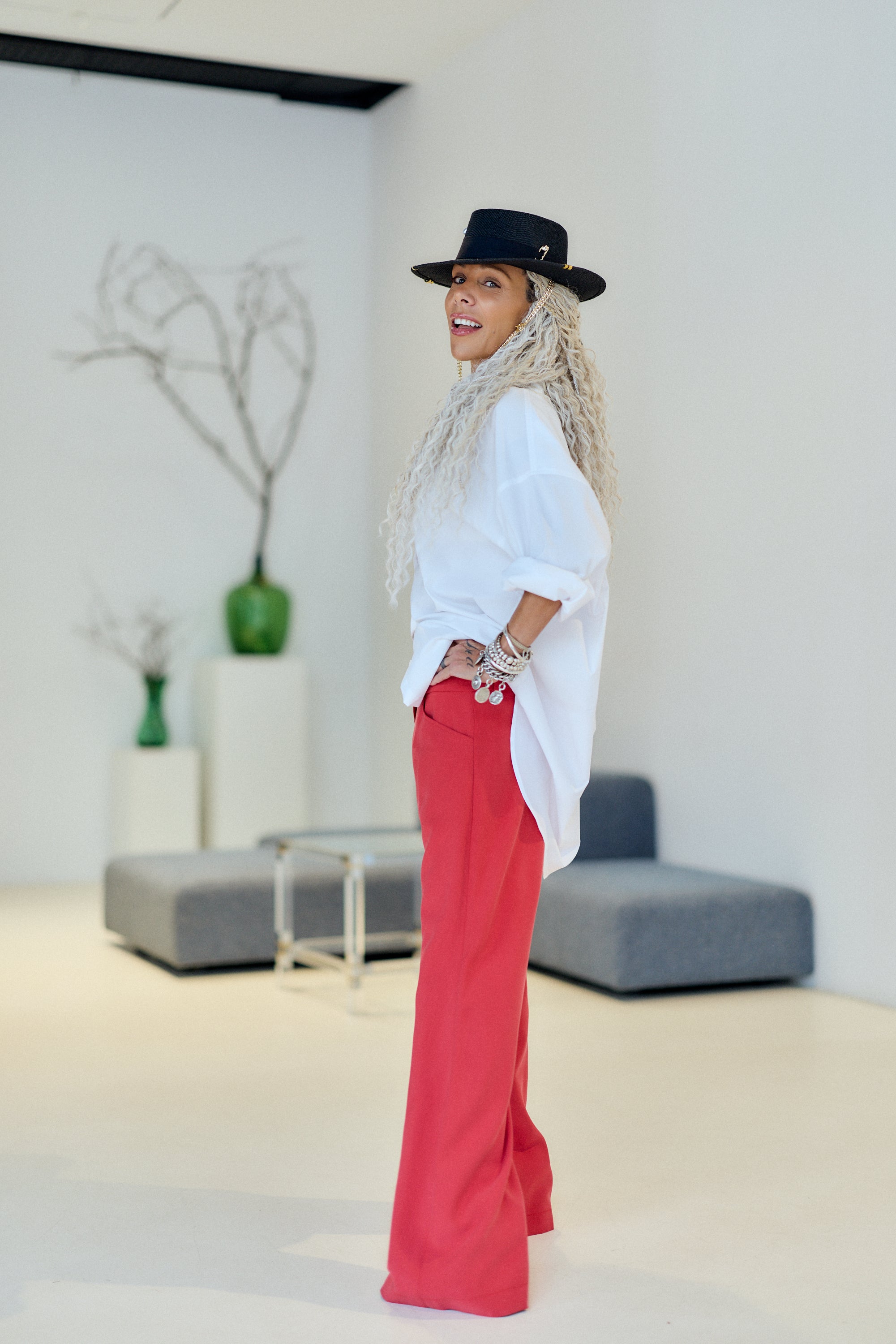 Coral Pink Wide-Leg Drop-Crotch Pants