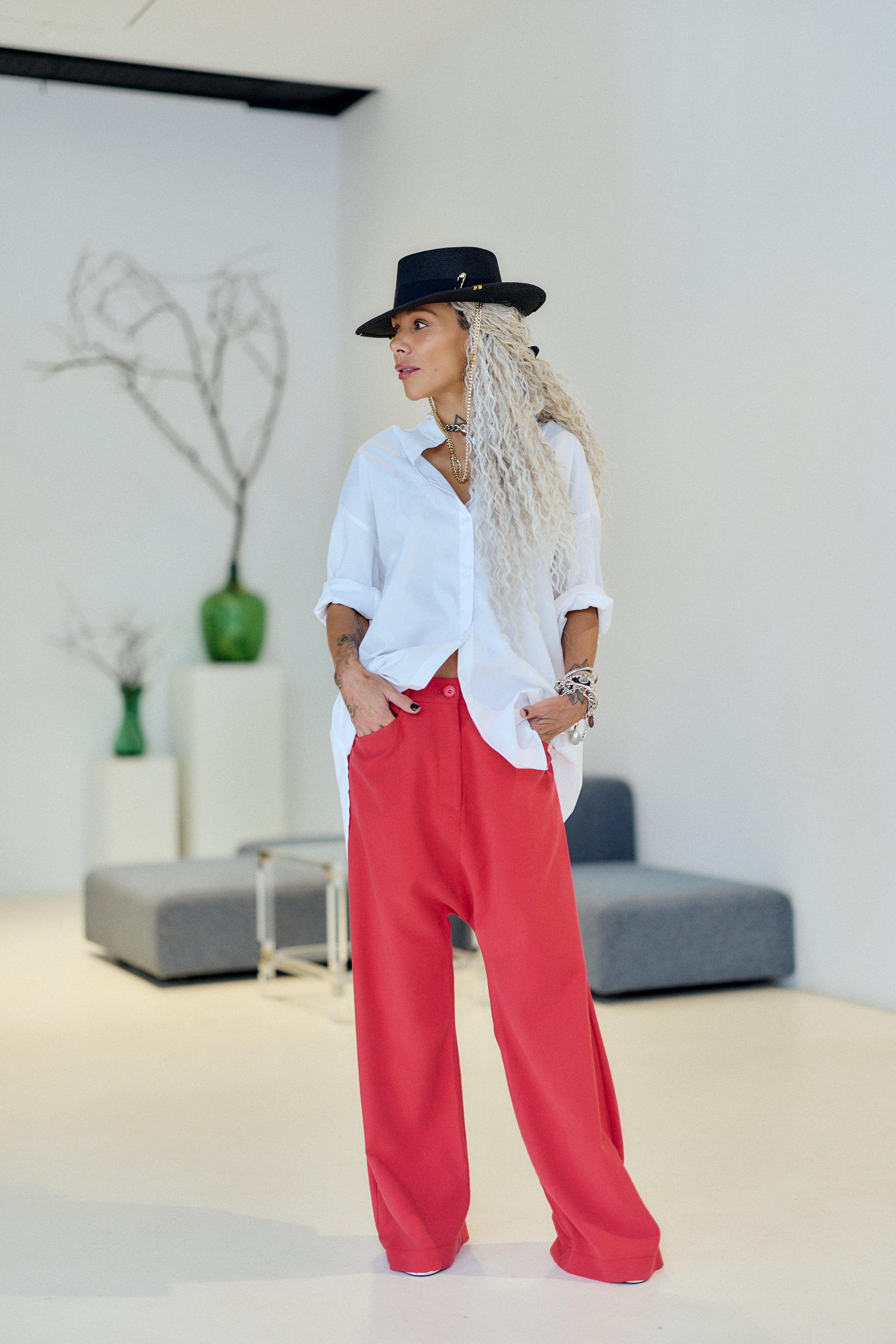 Coral Pink Wide-Leg Drop-Crotch Pants
