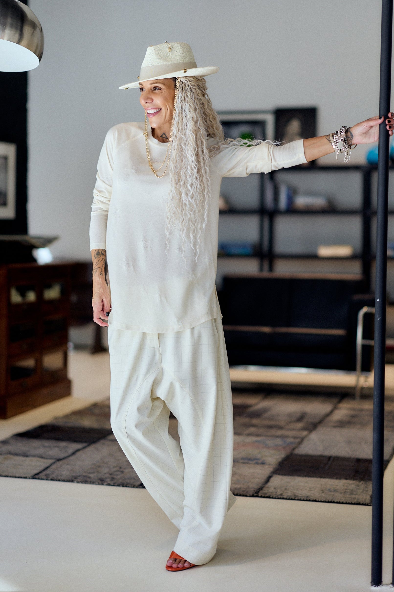 Cream Checkered Wide-Leg Drop-Crotch Pants