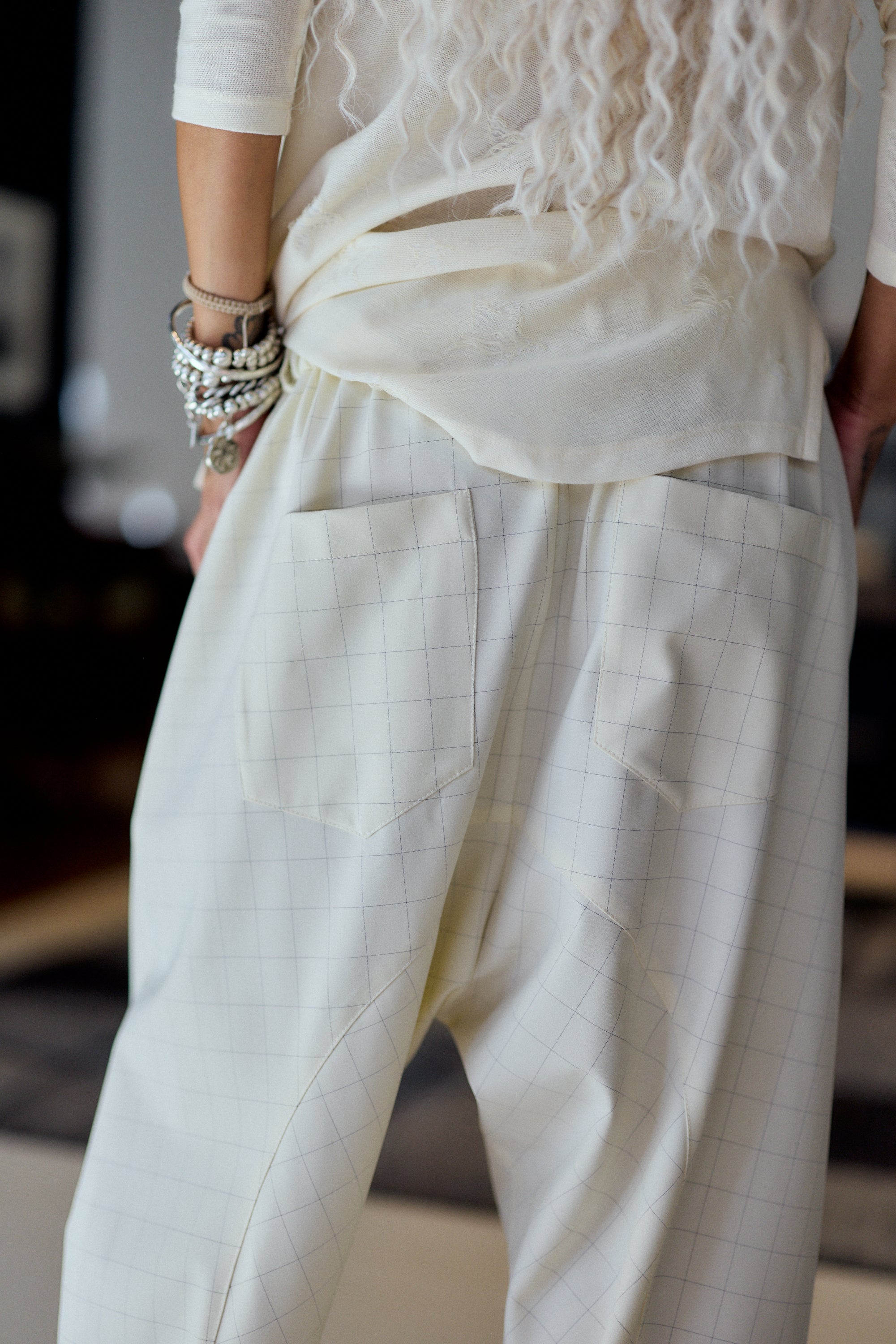 Cream Checkered Wide-Leg Drop-Crotch Pants