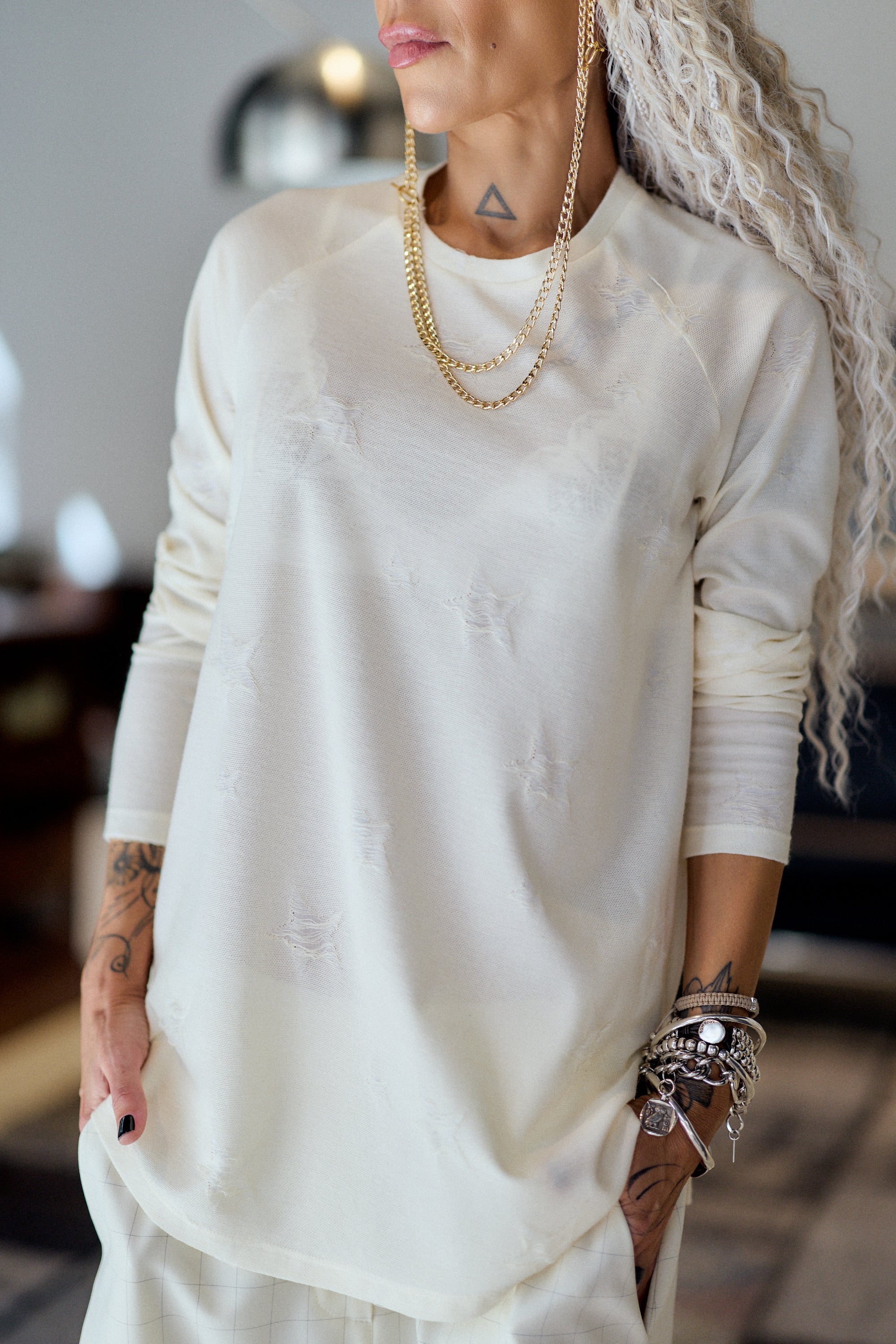 Cream Oversized Distressed Long Sleeve Top
