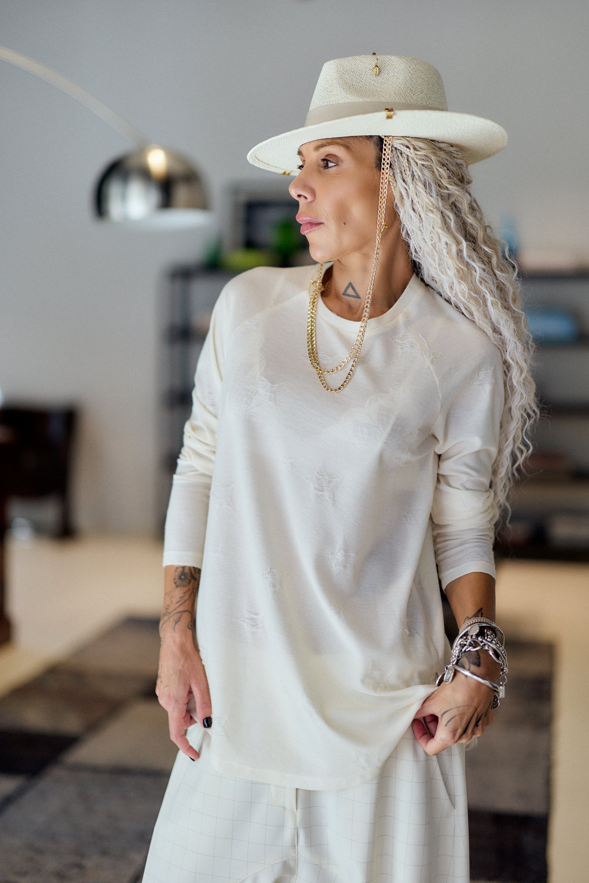 Cream Oversized Distressed Long Sleeve Top