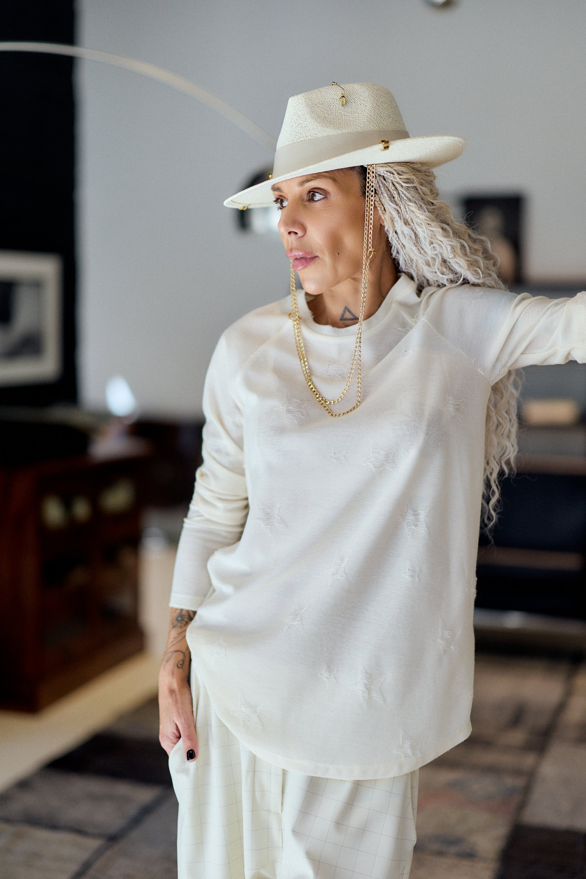 Cream Oversized Distressed Long Sleeve Top