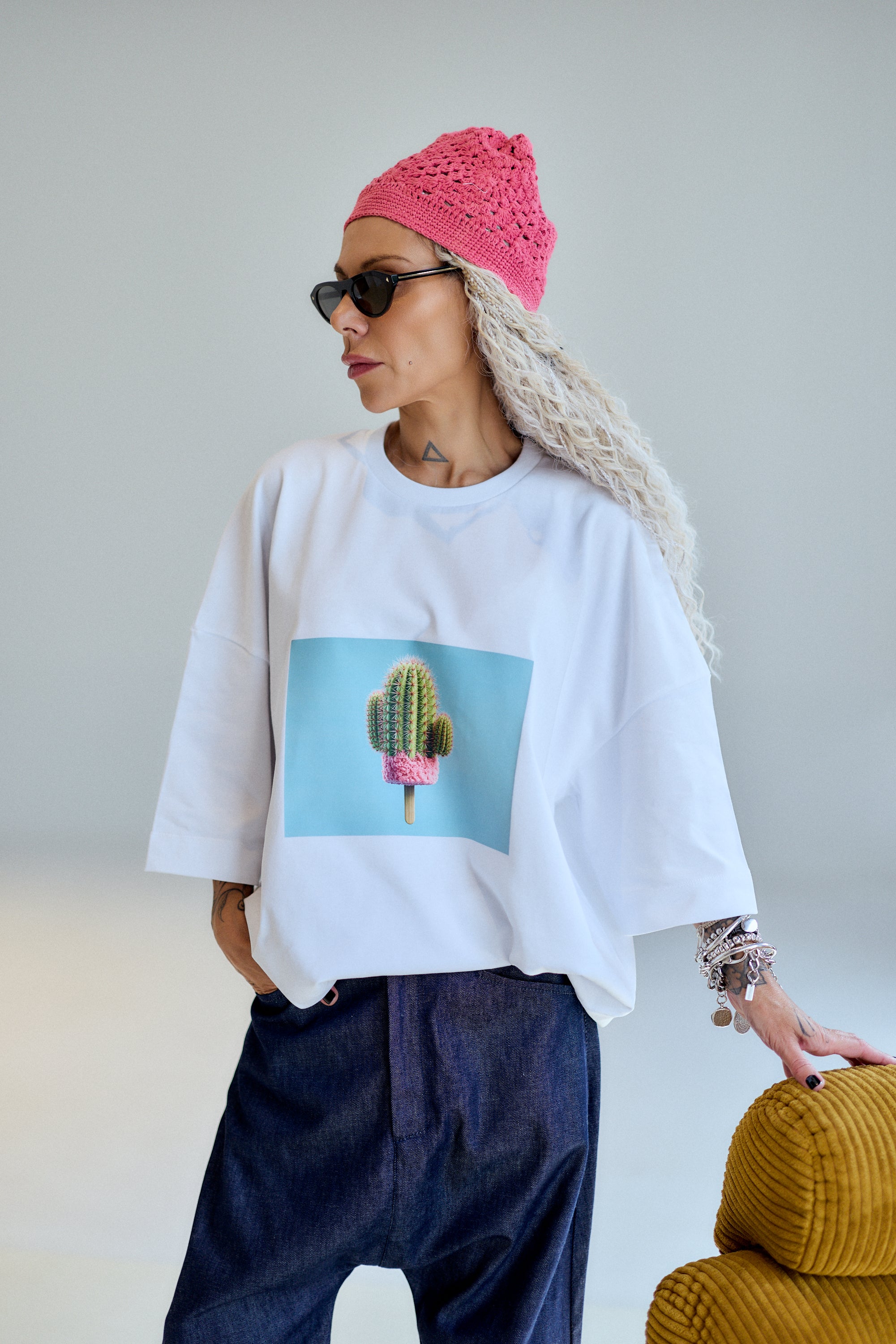 Cactus Pop White Oversized Fit T-Shirt