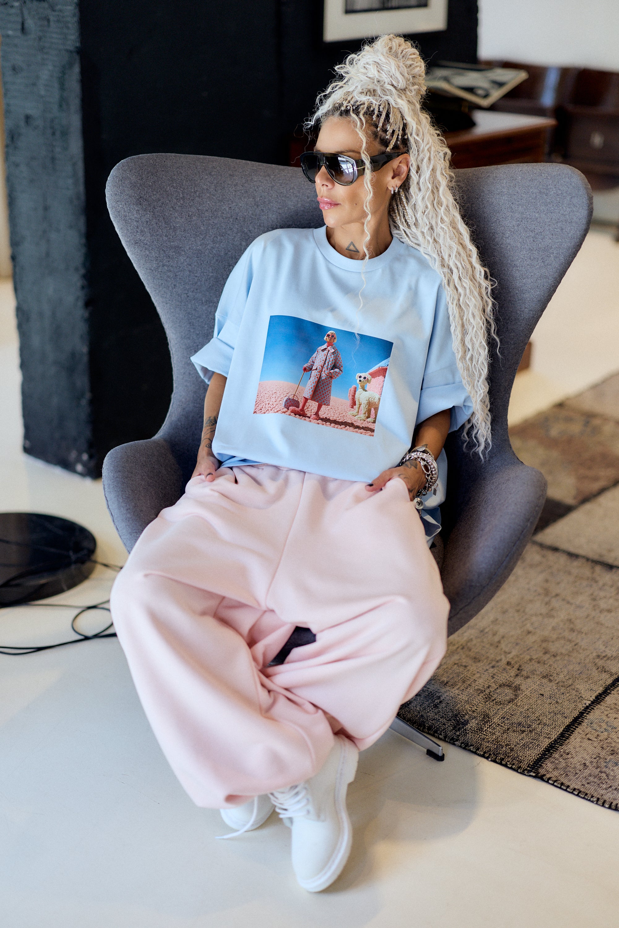 Dog Walk Needed Blue Oversized Fit T-Shirt