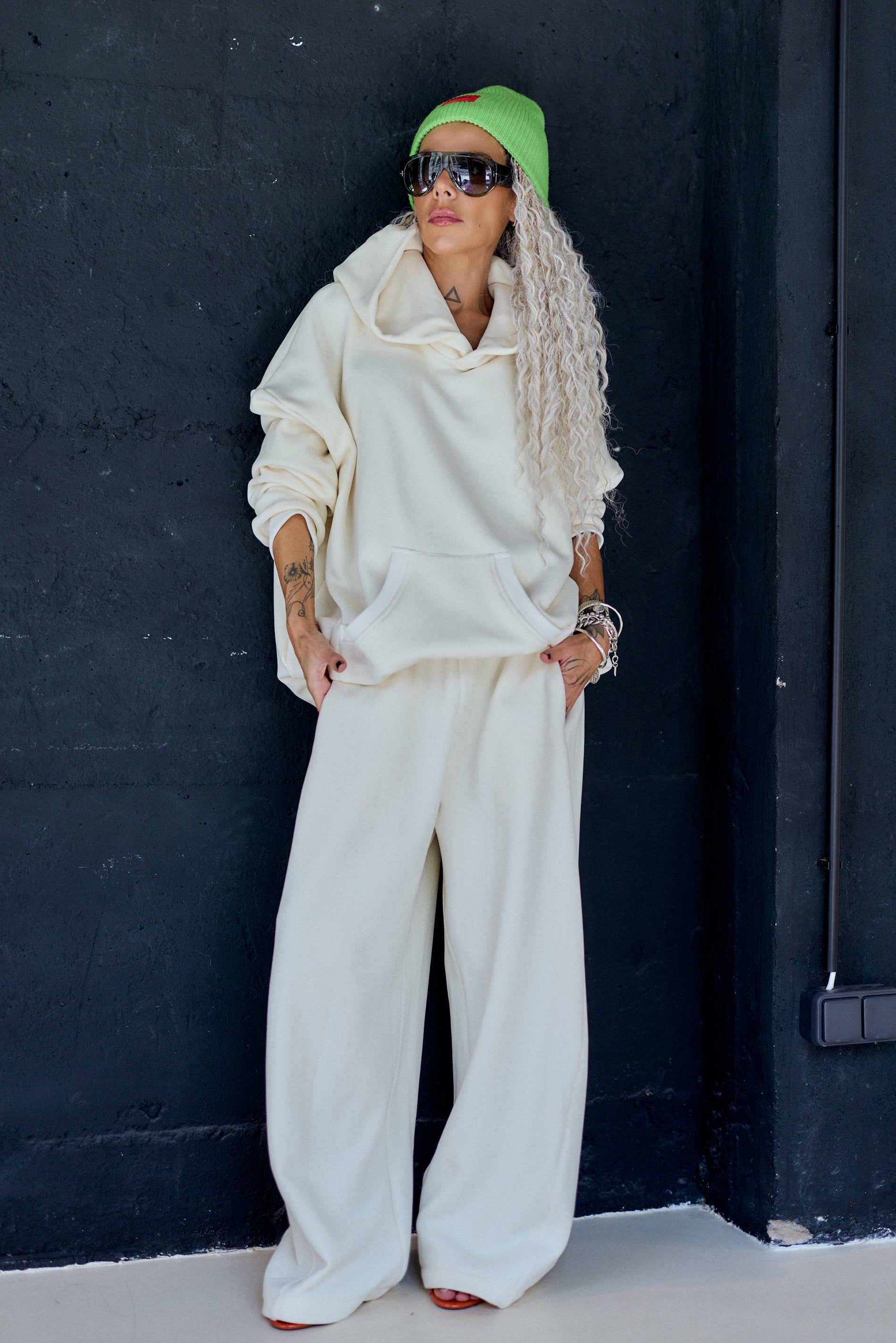 Cream Oversized Hoodie and Wide-Leg Pants Set