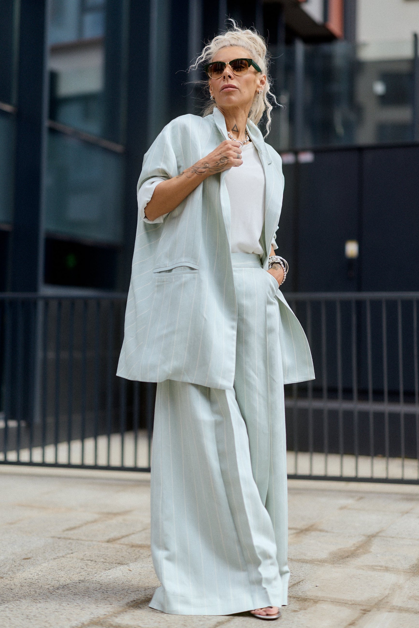 Light Mint Pinstripe Wide-Leg Trousers