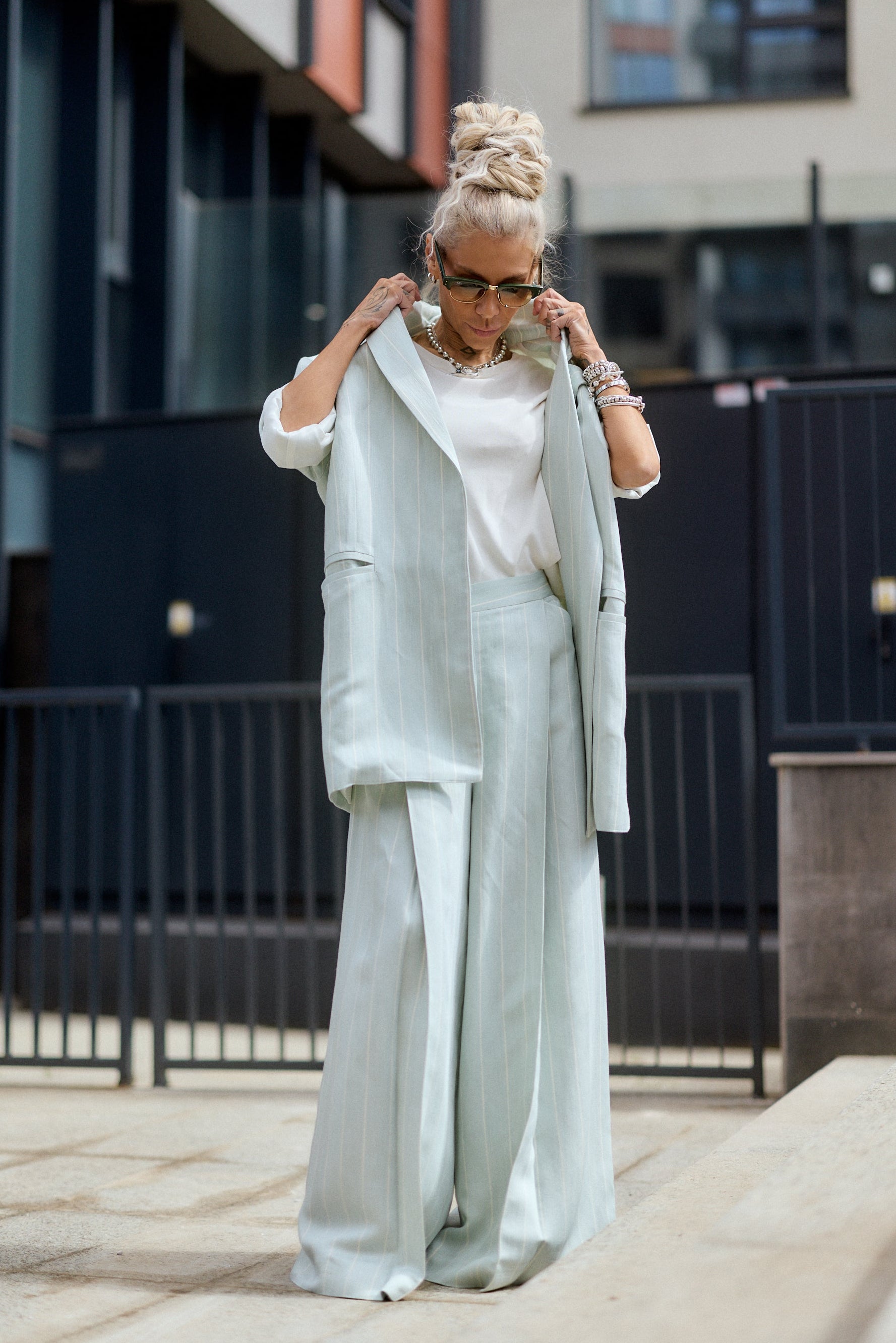 Light Mint Pinstripe Wide-Leg Trousers