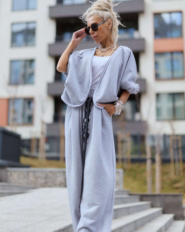 Model wearing a Grey Relaxed Lounge Set in an urban setting, showcasing effortless style and comfort.