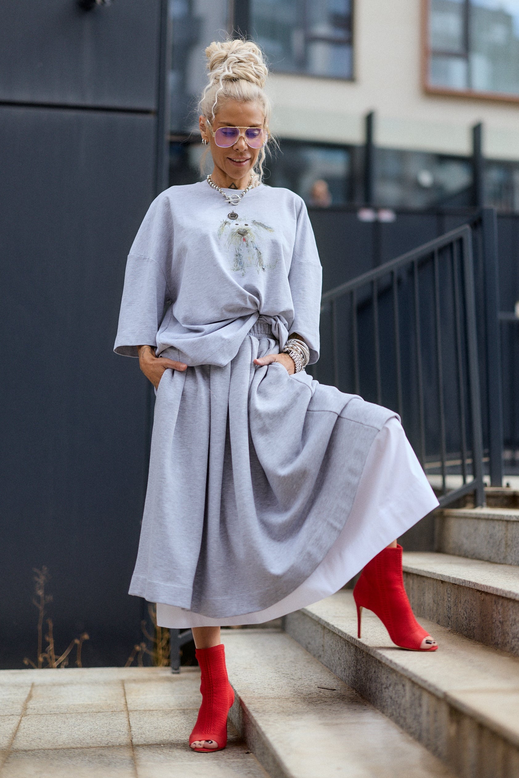 Grey Pleated Midi Skirt