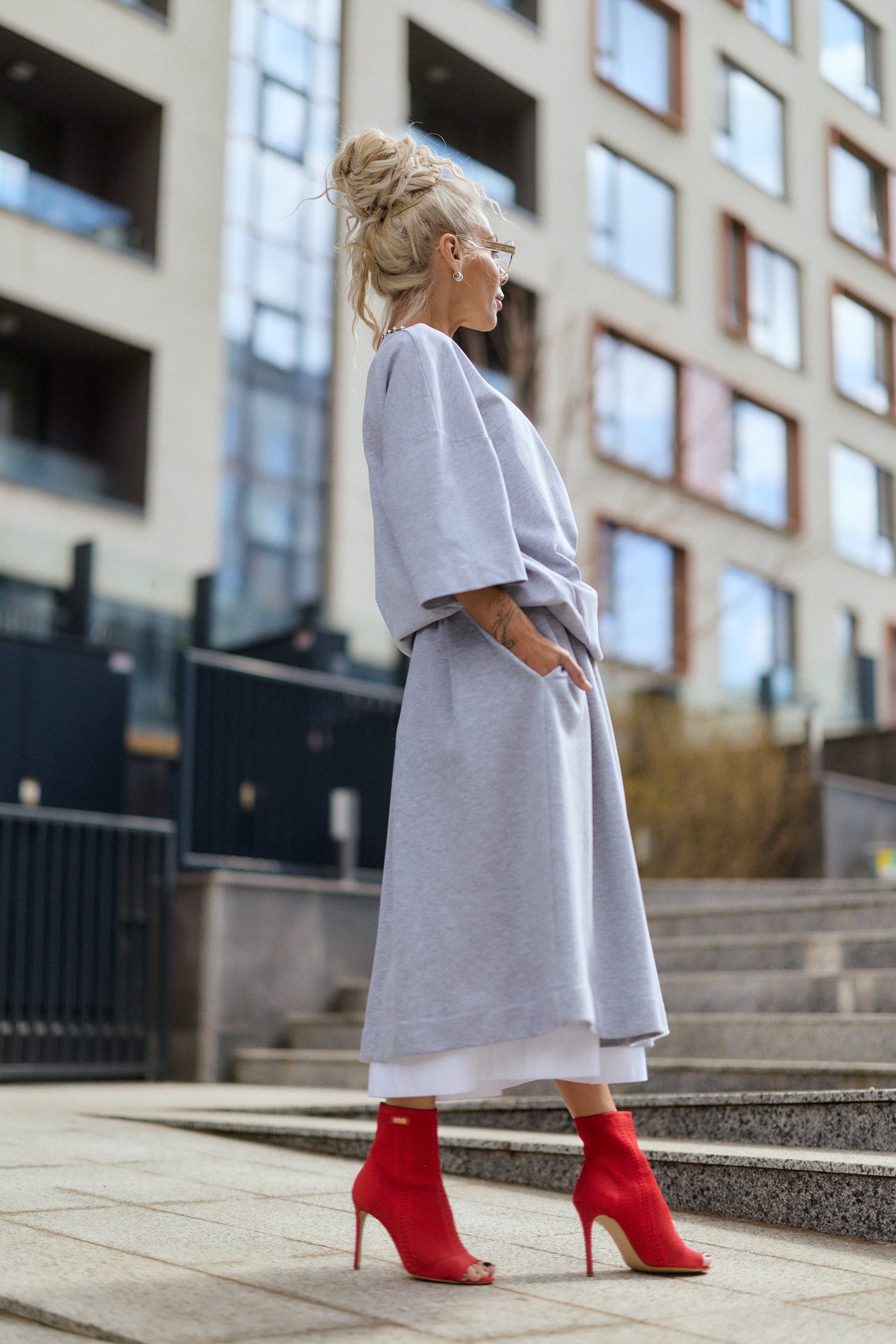 Grey Pleated Midi Skirt