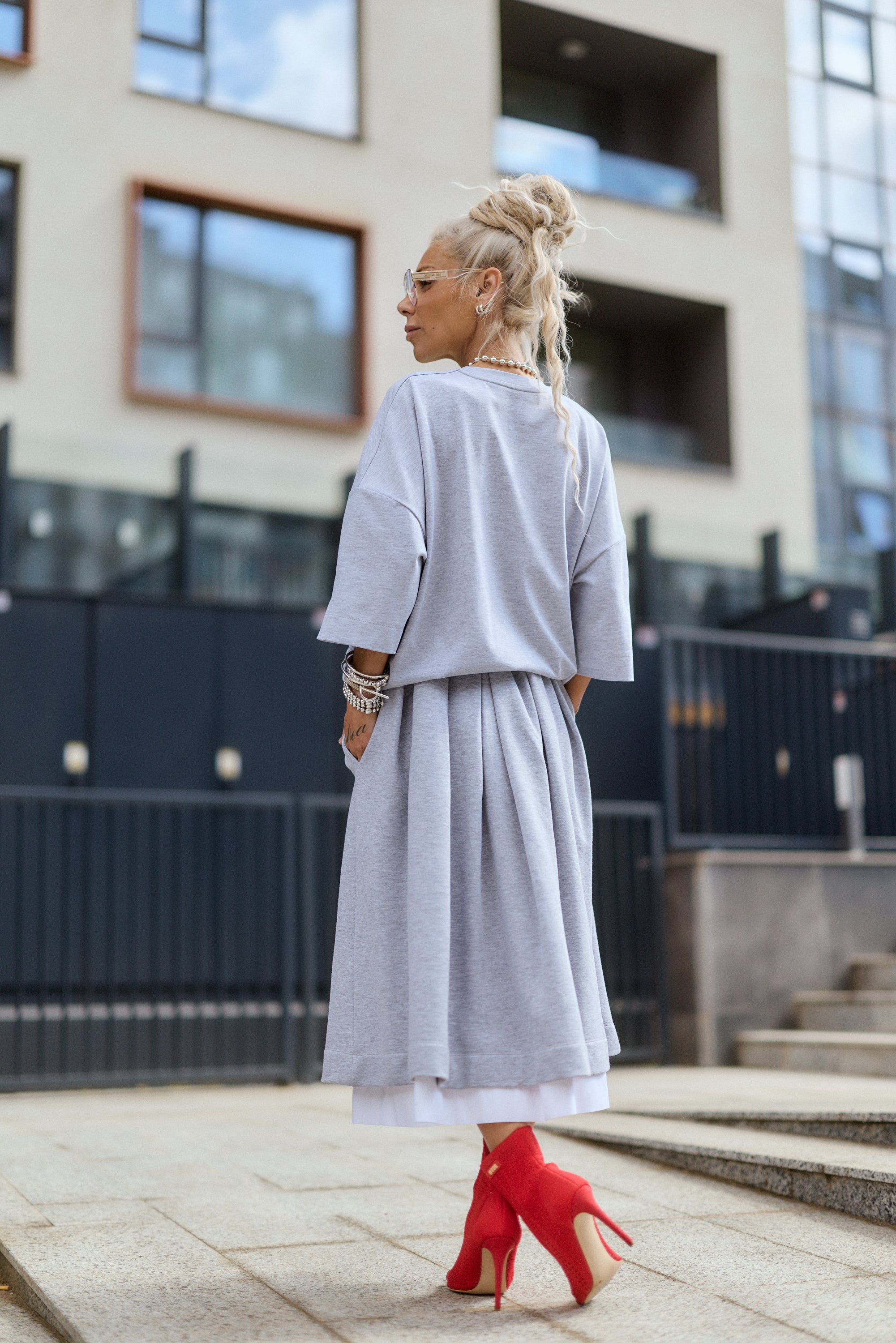 Grey Pleated Midi Skirt