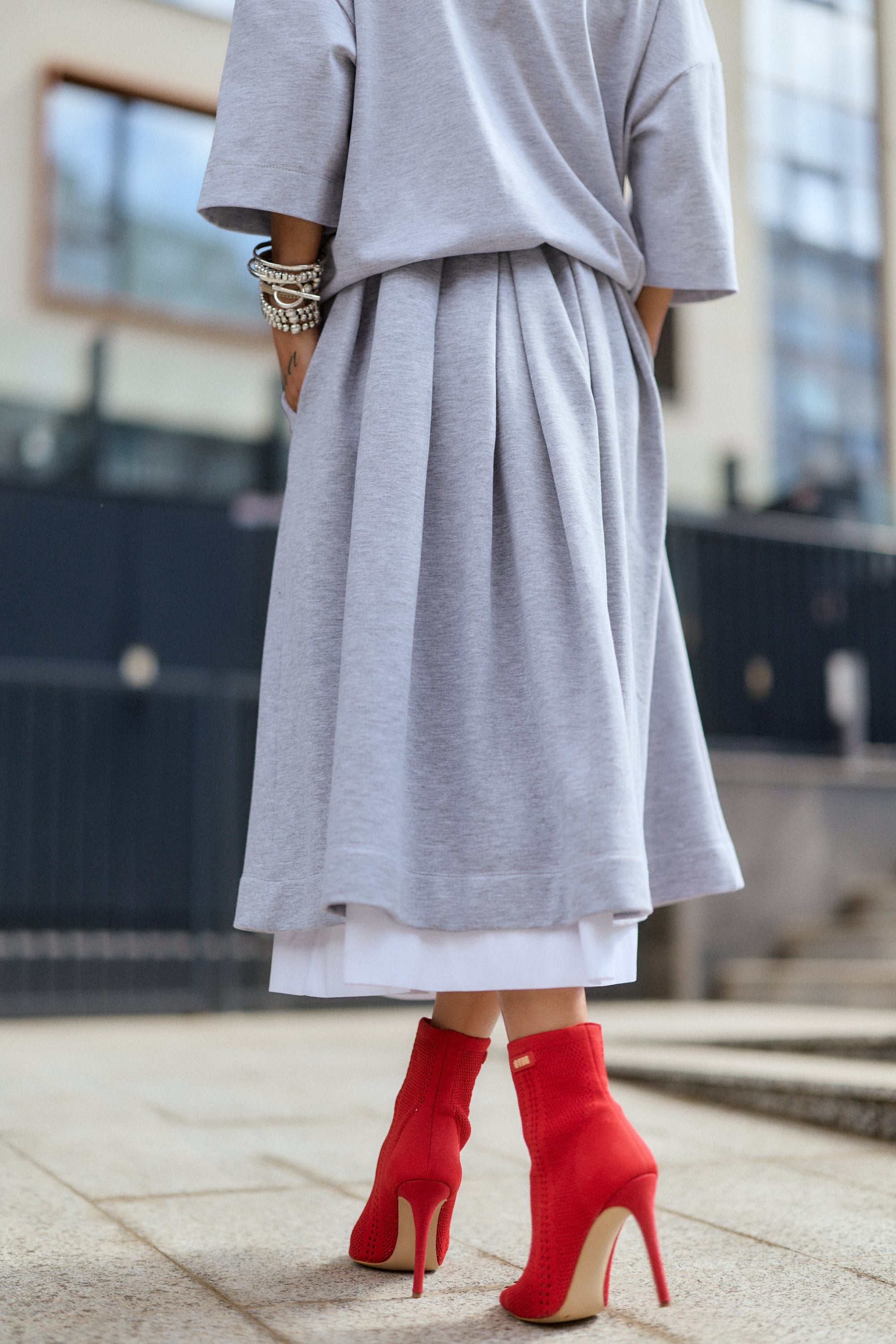 Grey Pleated Midi Skirt