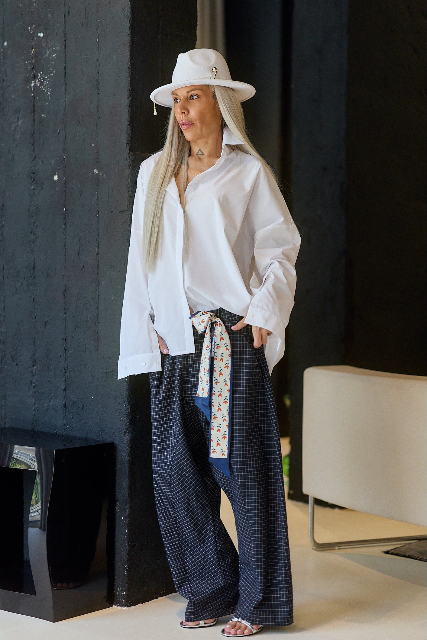 Navy Check Wide-Leg Pants