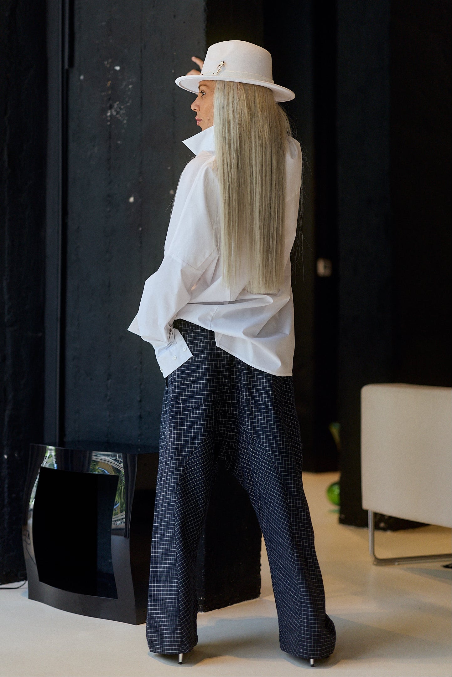 Navy Check Wide-Leg Pants