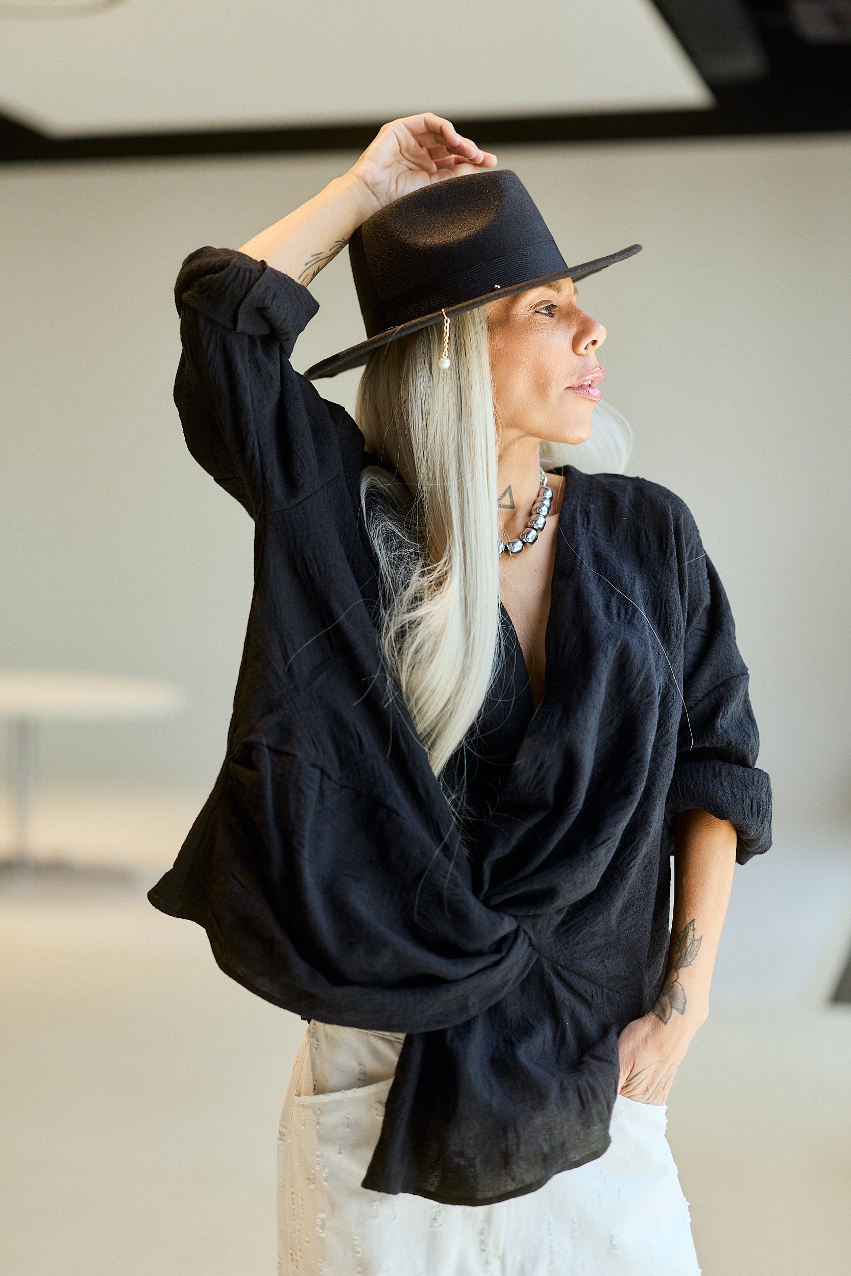 Black Draped Wool Oversized Shirt