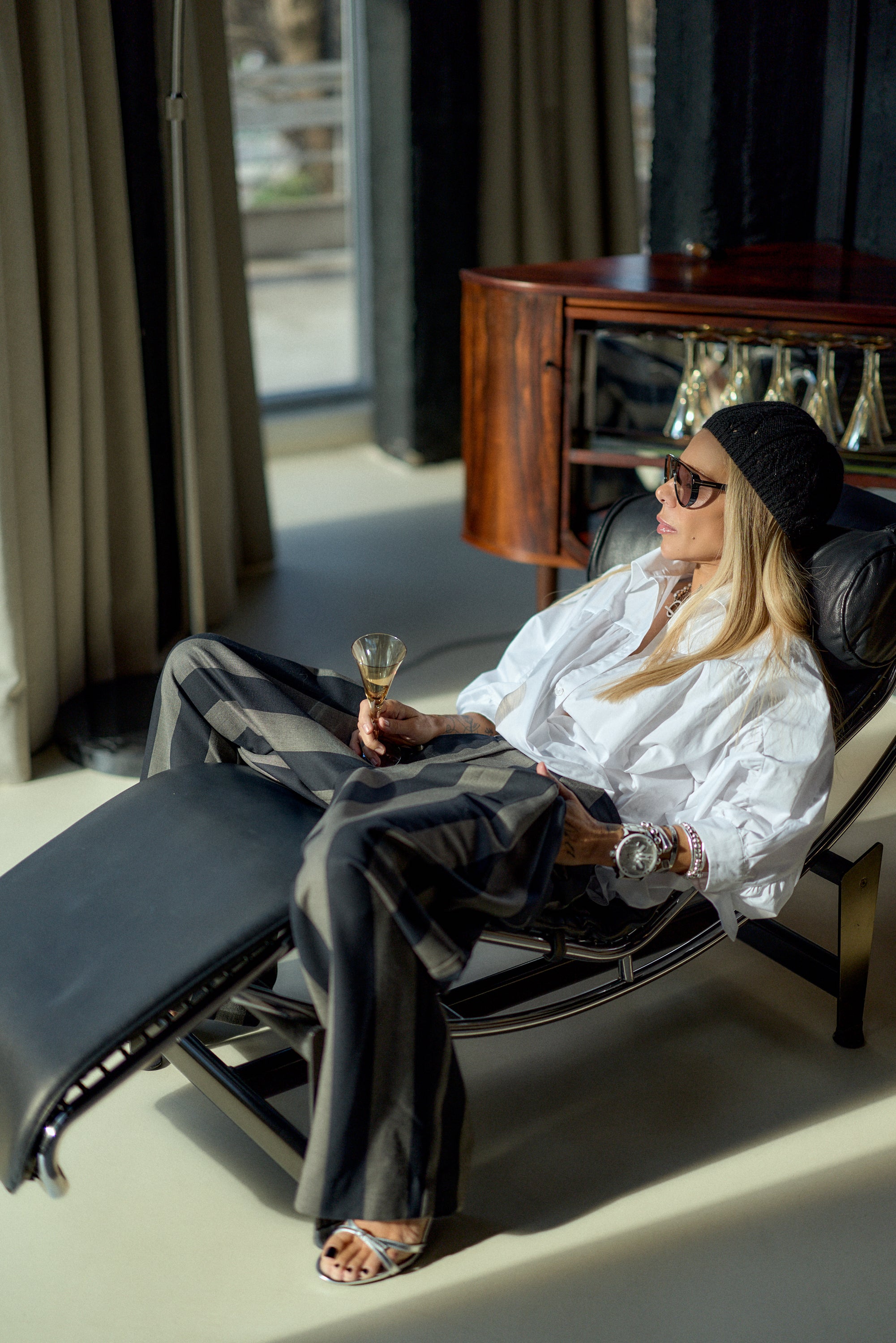 Wide-Leg Striped Pants in Navy and Taupe