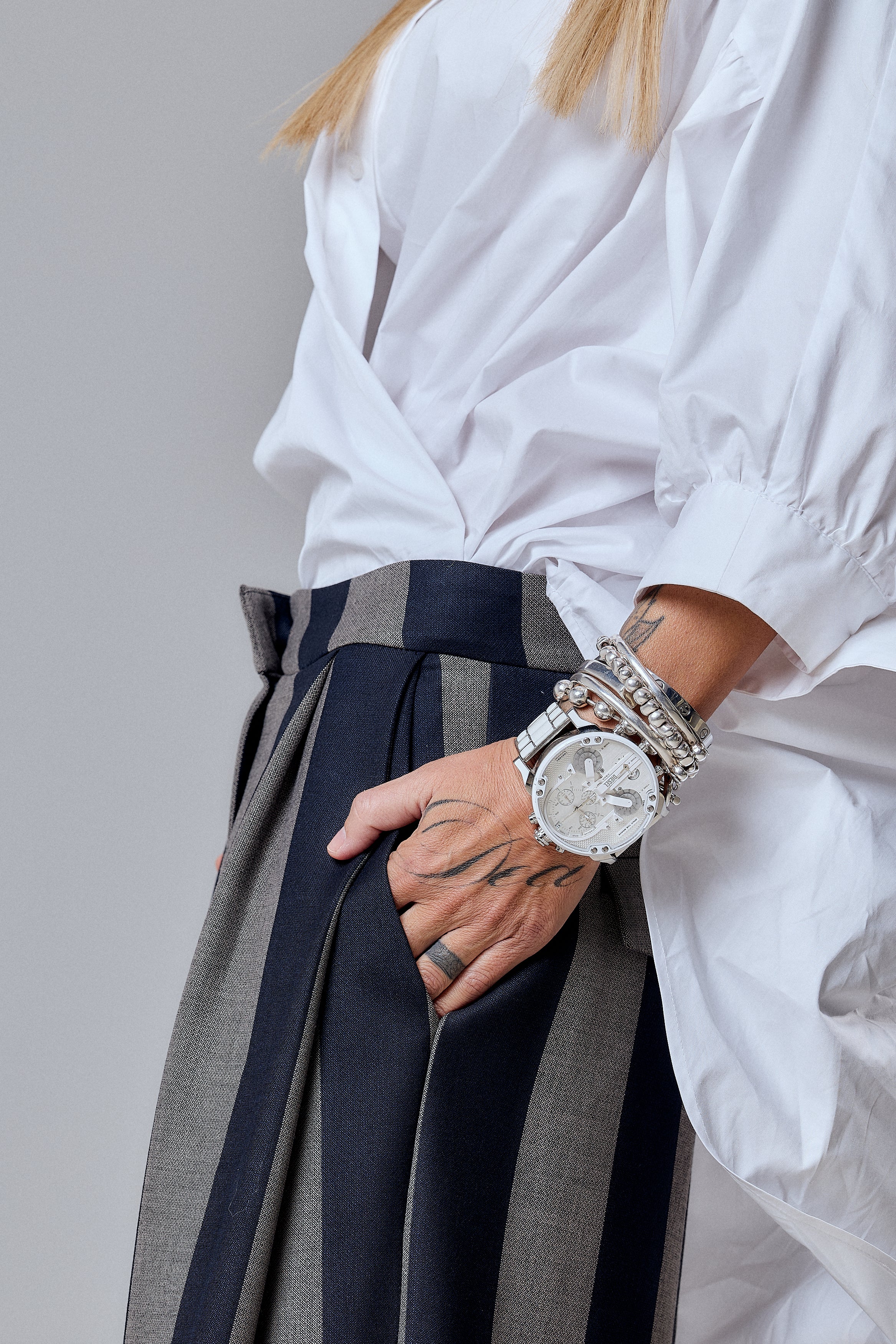 Wide-Leg Striped Pants in Navy and Taupe