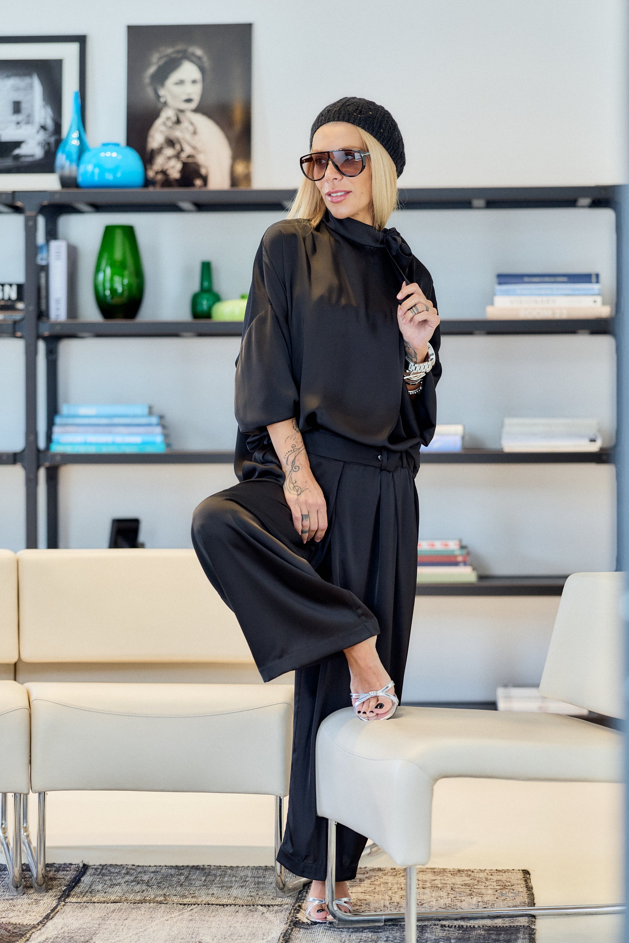 Black Satin Set with Shoulder Bow Detail