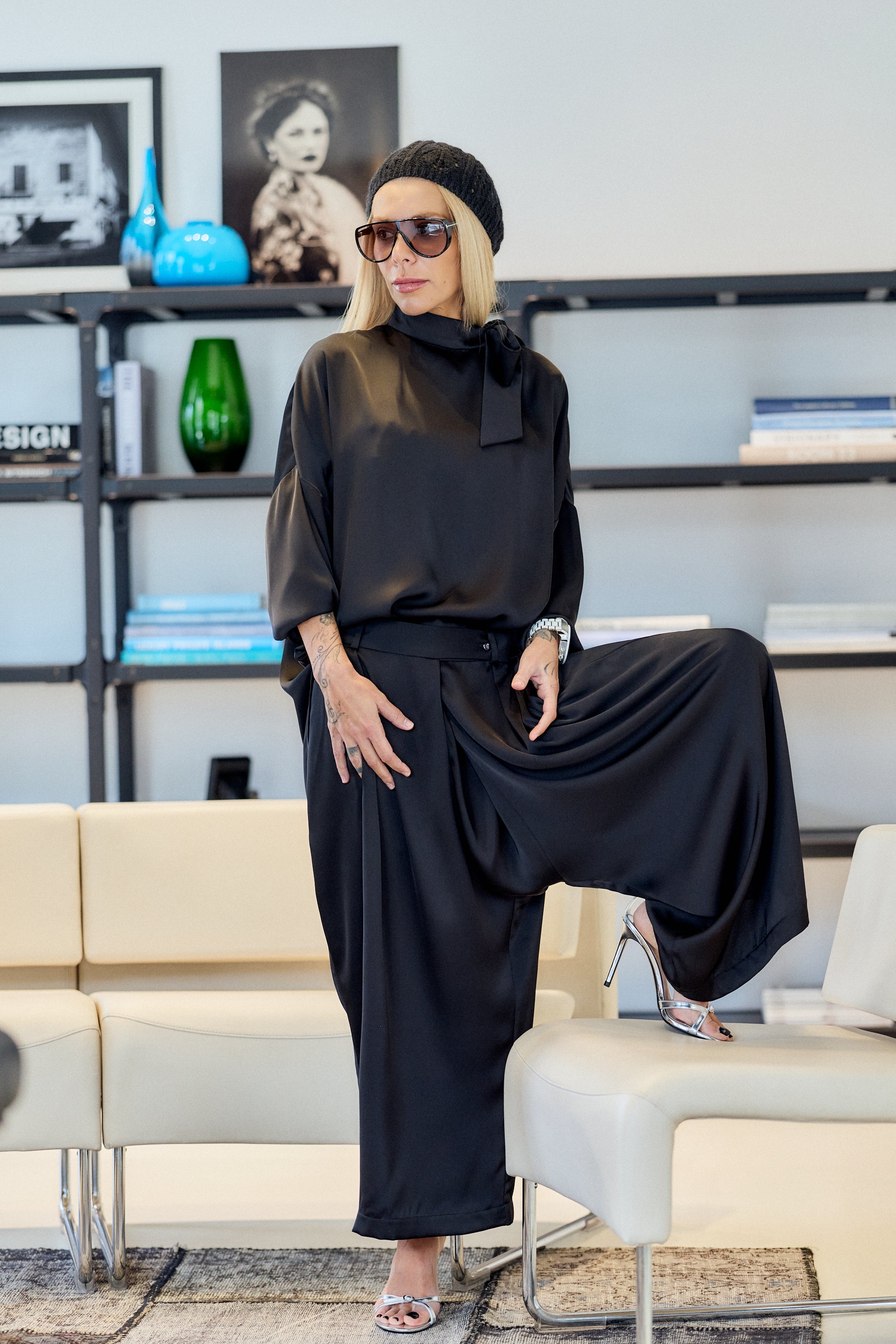 Black Satin Set with Shoulder Bow Detail