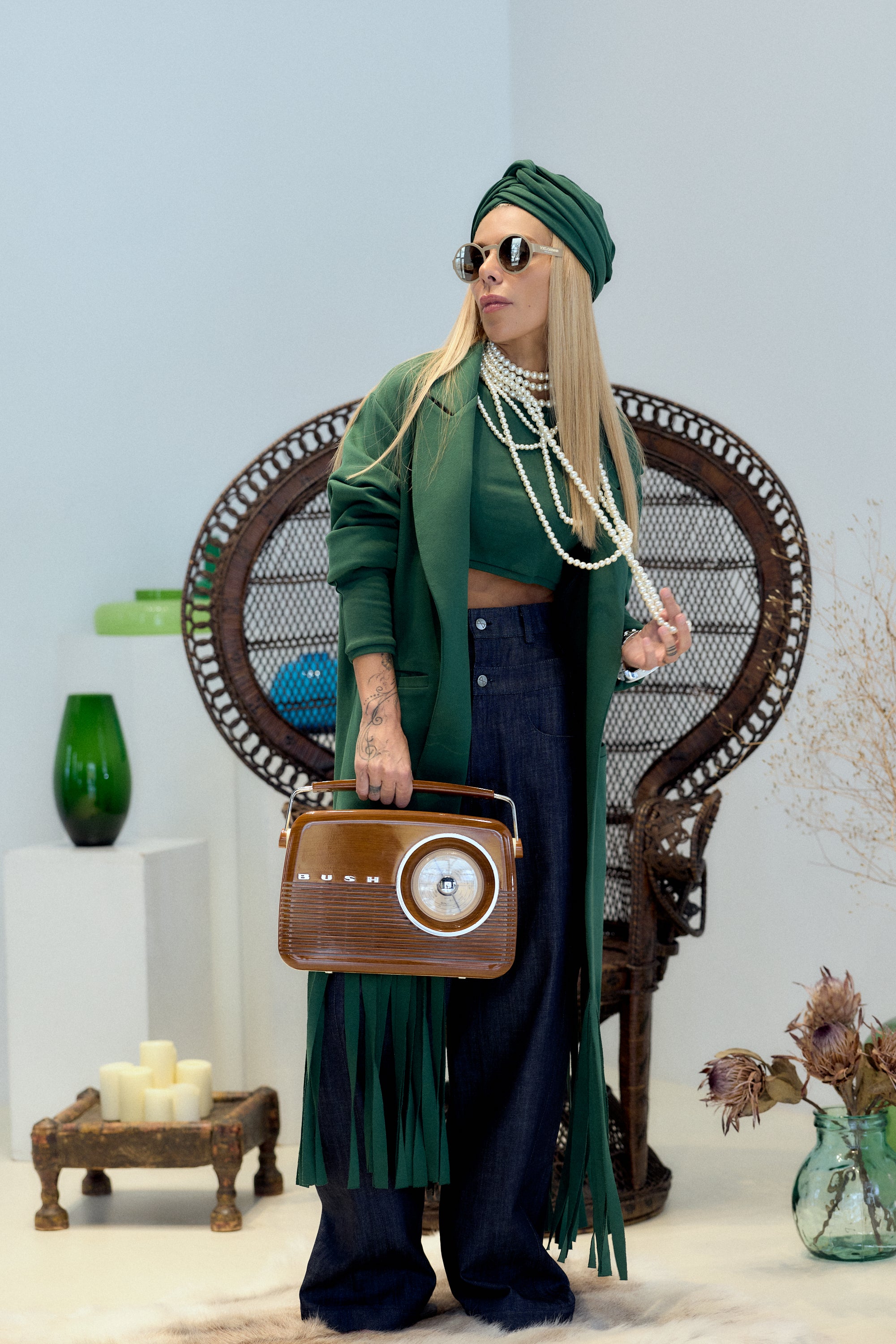 Green Long Coat with Fringe Detail