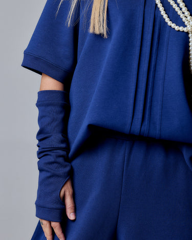 Navy Blue 3-Piece Set featuring short-sleeved top, wide-leg pants, and fingerless gloves, combining modern style and comfort.