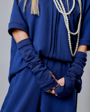 Navy Blue 3-Piece Set featuring a relaxed top, wide-leg pants, and fingerless gloves styled with pearl accessories.