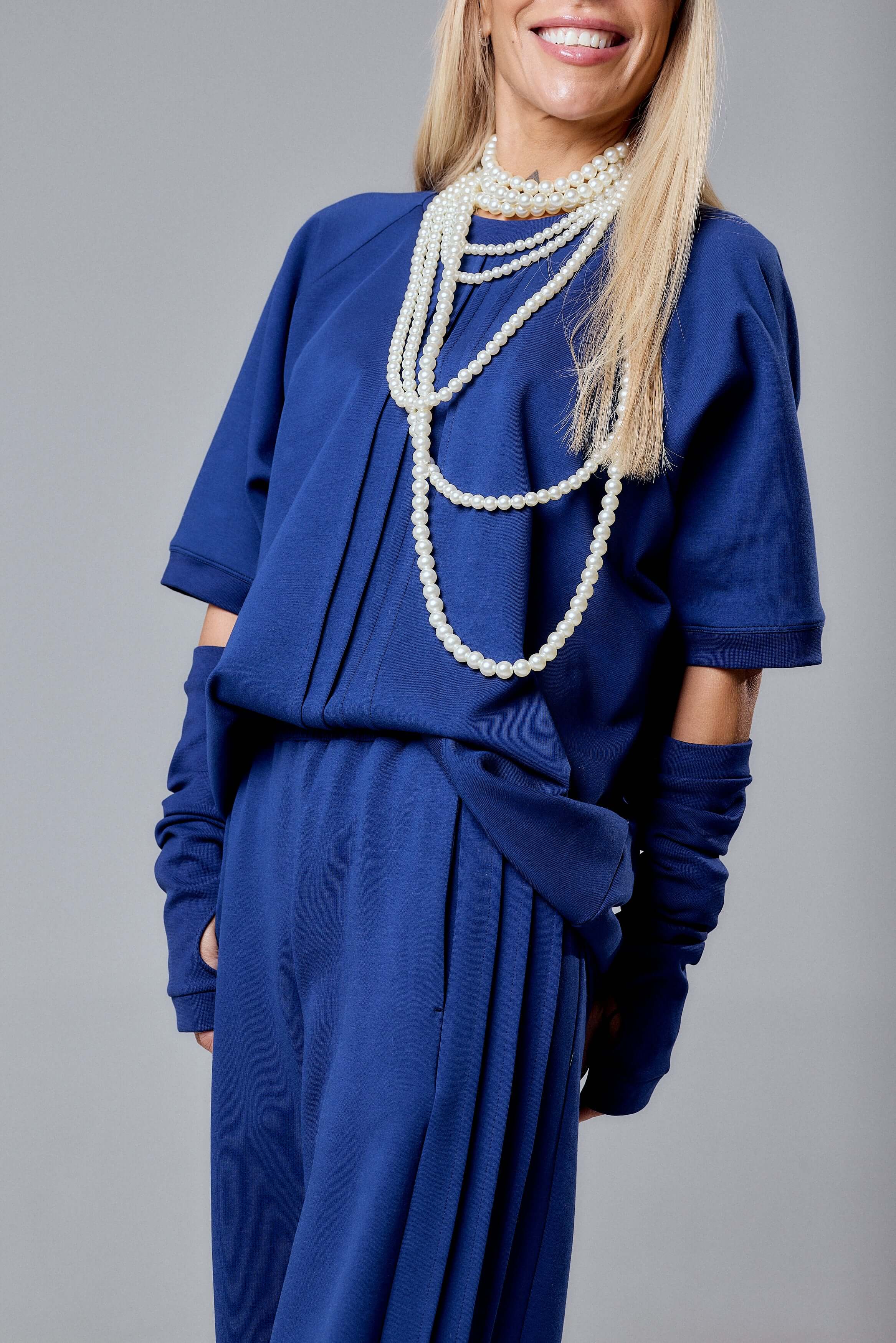 navy blue dress with pearl necklace Dark Blue And Pearls Embroidered Dress