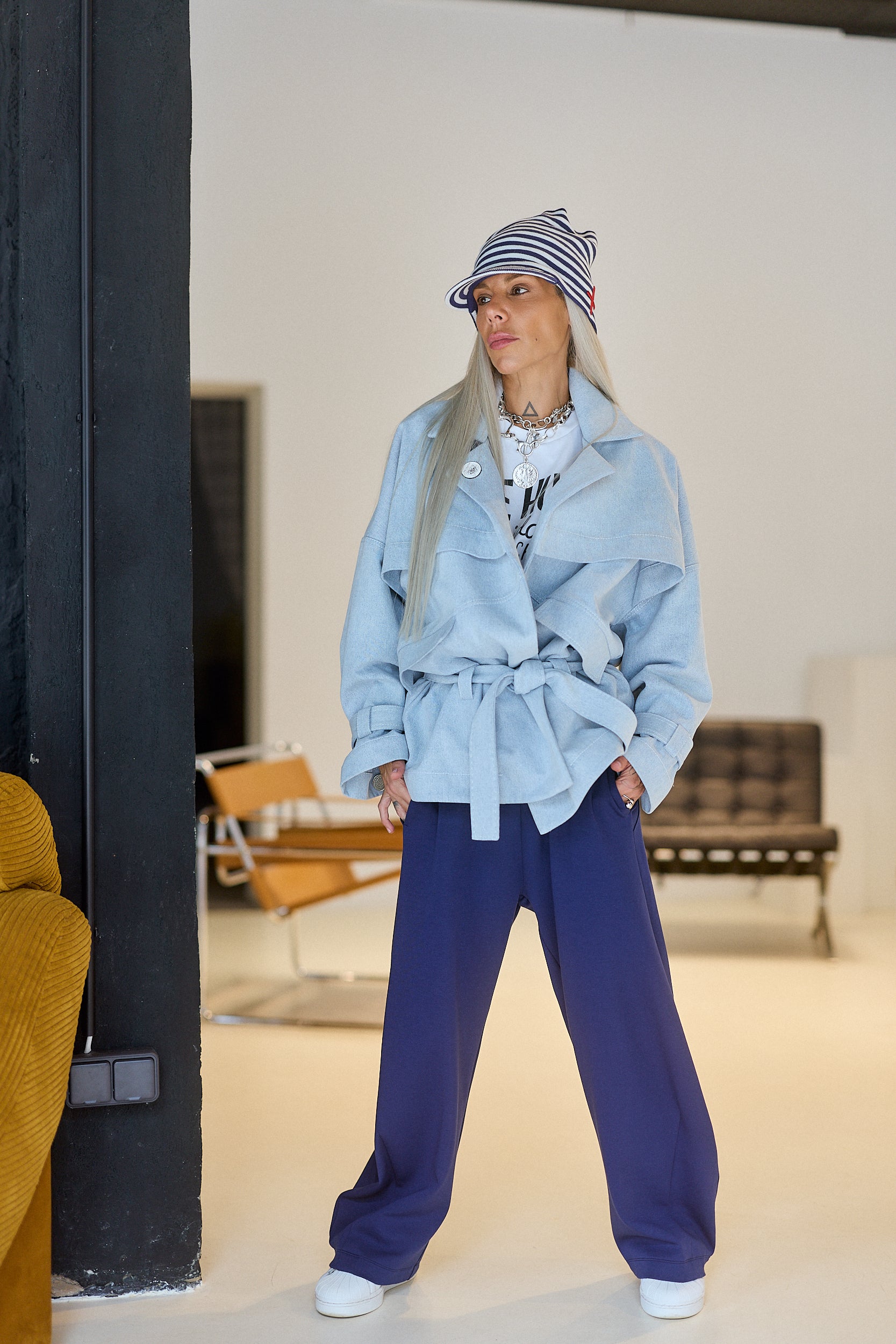 Light Blue Oversized Denim Belted Jacket